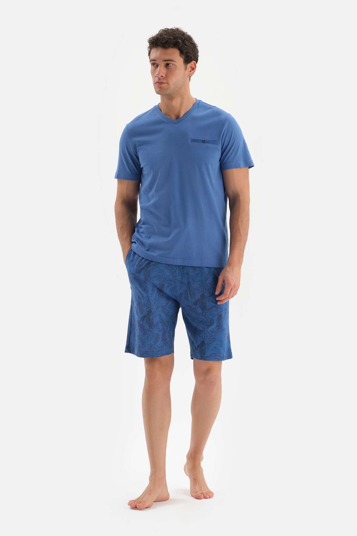 BLUE V-NECK SHORT SLEEVE KNITTED PAJAMAS SUIT