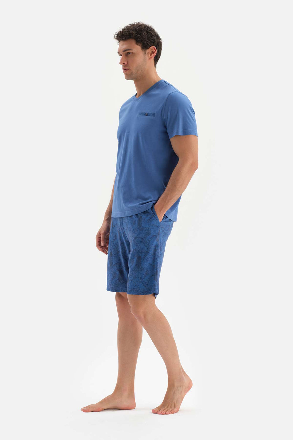 BLUE V-NECK SHORT SLEEVE KNITTED PAJAMAS SUIT