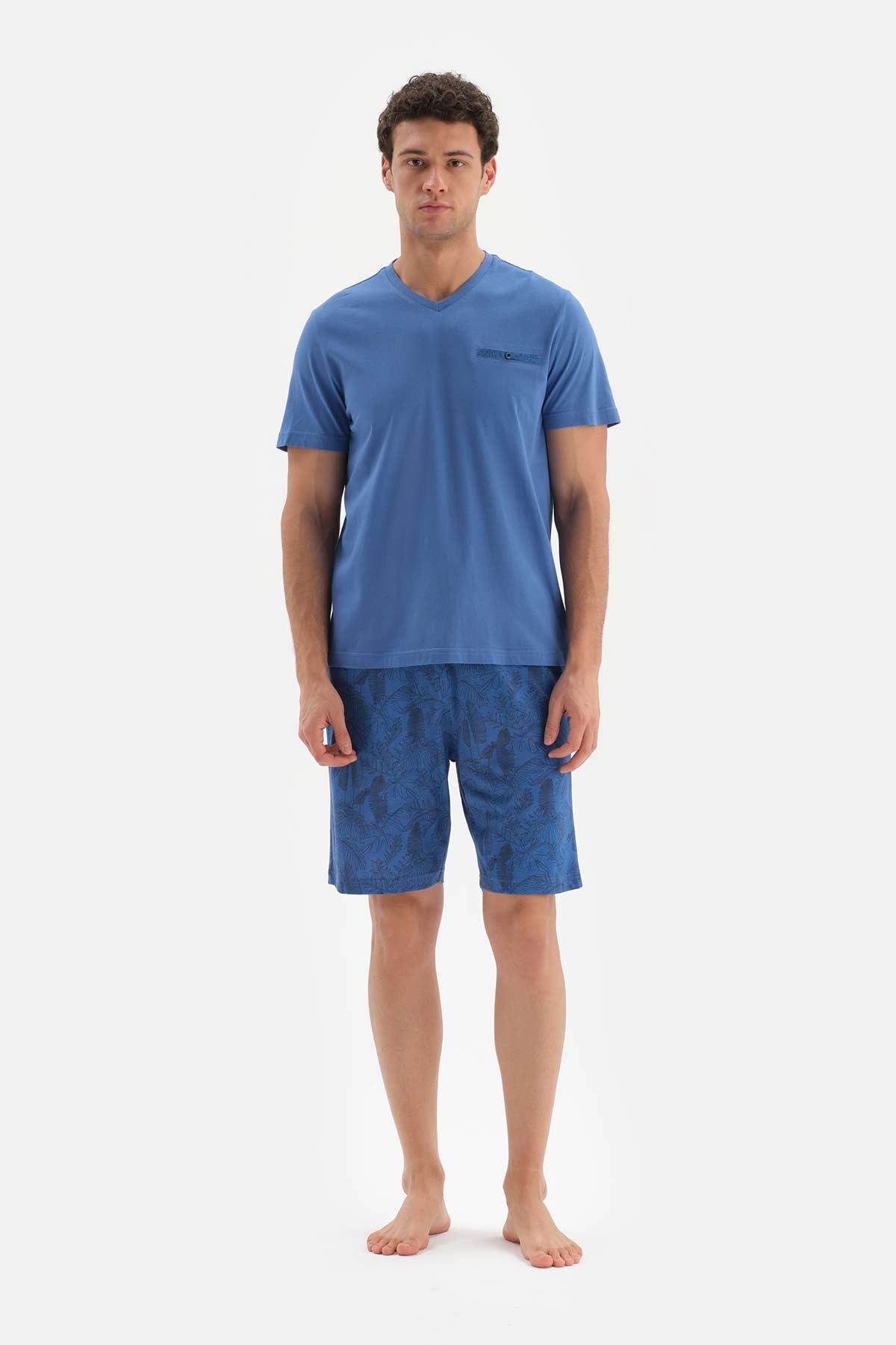 BLUE V-NECK SHORT SLEEVE KNITTED PAJAMAS SUIT