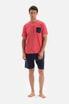 RED CREW-NECK POCKET DETAILED KNITTED PAJAMAS WITH SHORTS