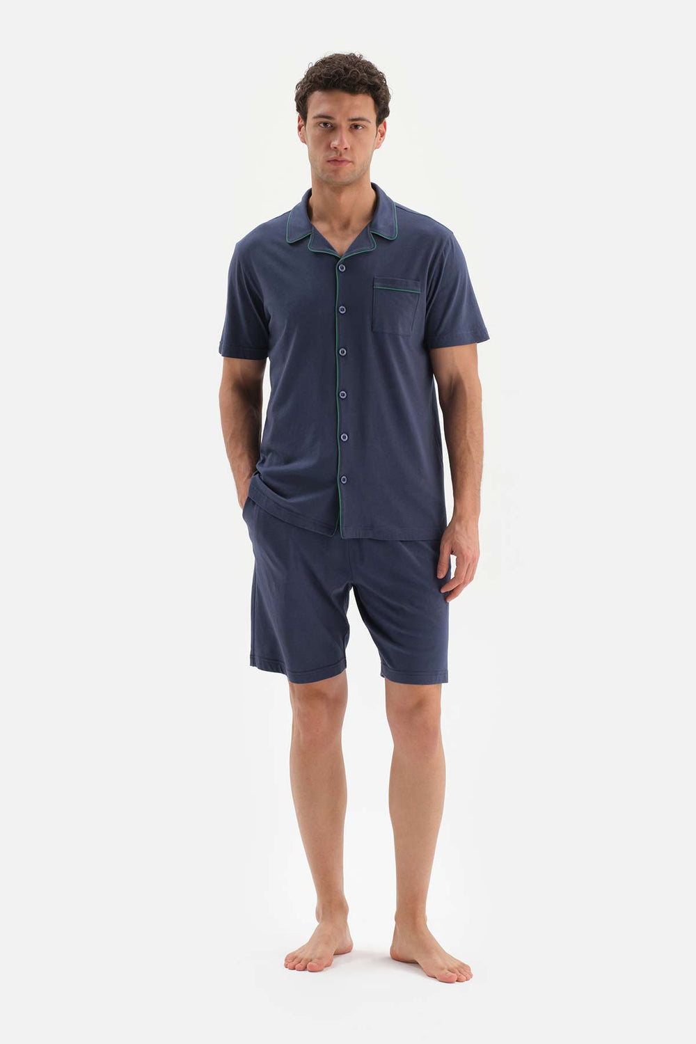NAVY KNITTED PAJAMAS SUIT WITH SHIRT COLLAR SHORT SLEEVE SHORTS