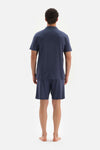 NAVY KNITTED PAJAMAS SUIT WITH SHIRT COLLAR SHORT SLEEVE SHORTS