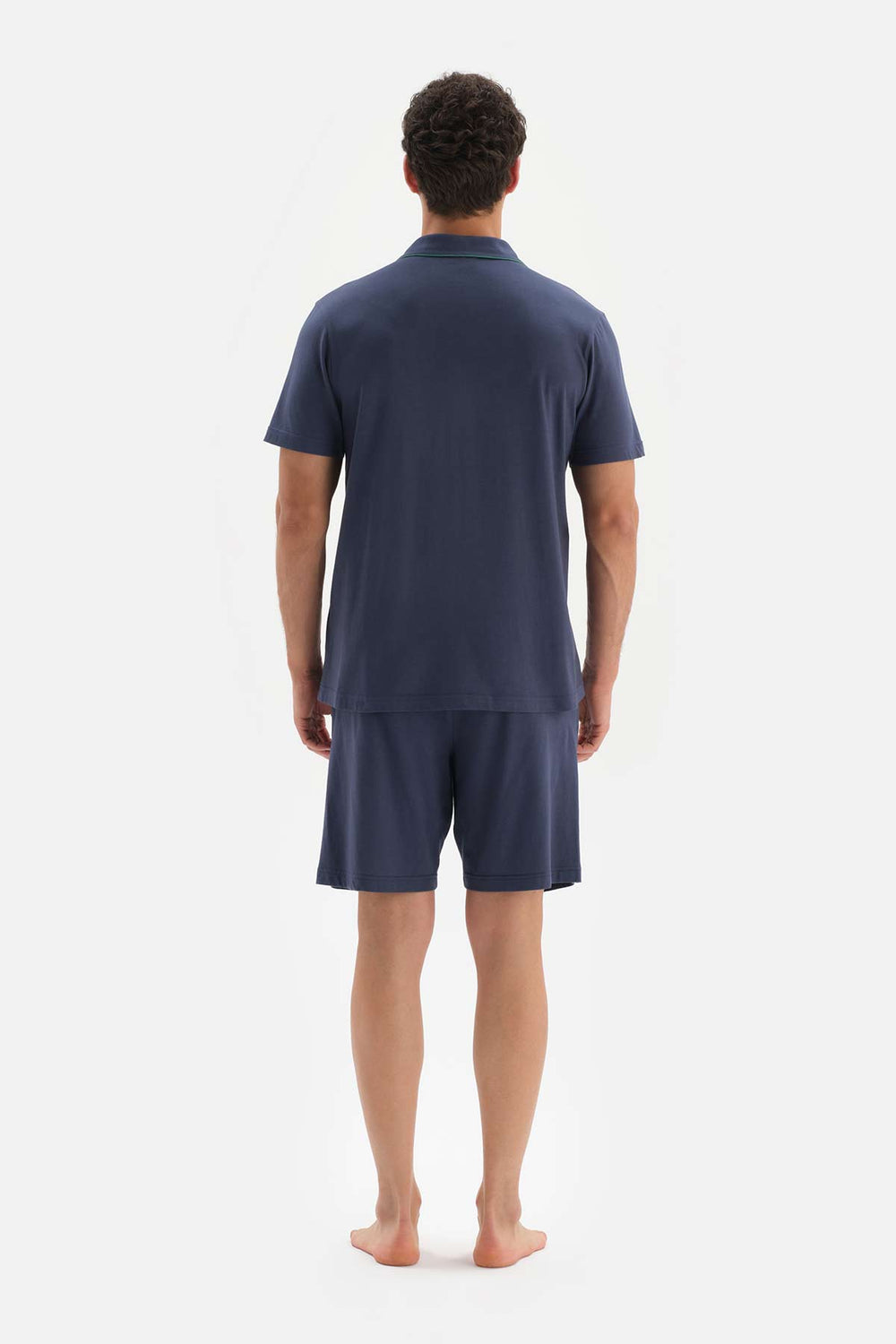 NAVY KNITTED PAJAMAS SUIT WITH SHIRT COLLAR SHORT SLEEVE SHORTS