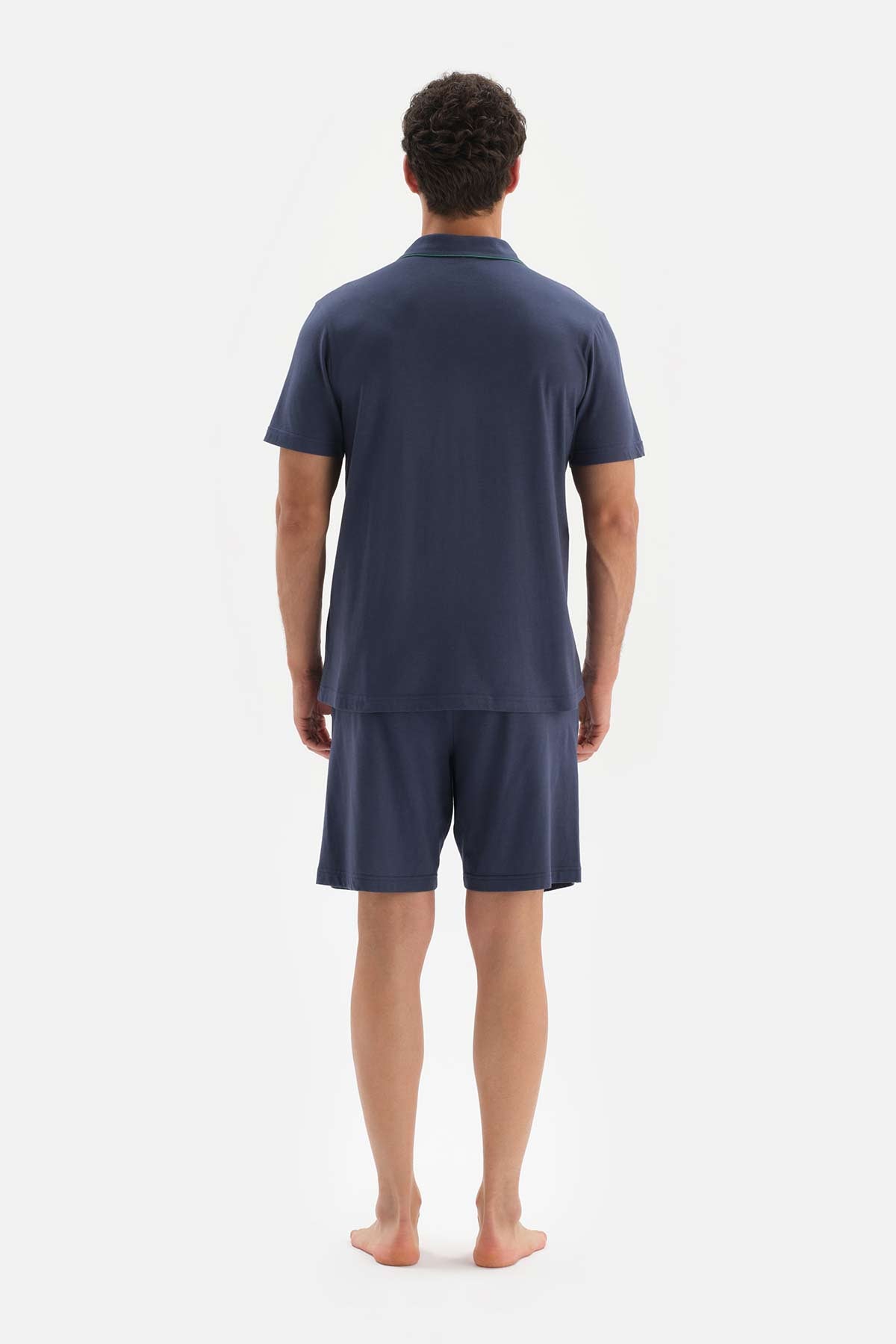 NAVY KNITTED PAJAMAS SUIT WITH SHIRT COLLAR SHORT SLEEVE SHORTS