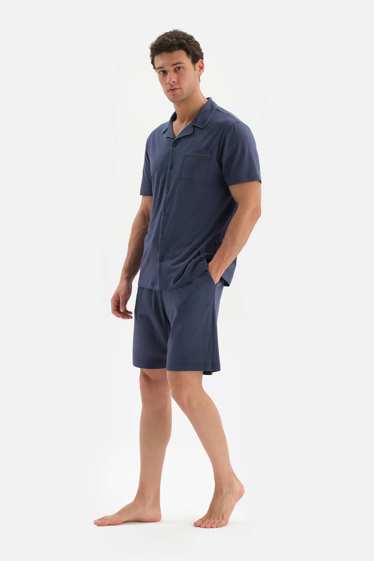 NAVY KNITTED PAJAMAS SUIT WITH SHIRT COLLAR SHORT SLEEVE SHORTS