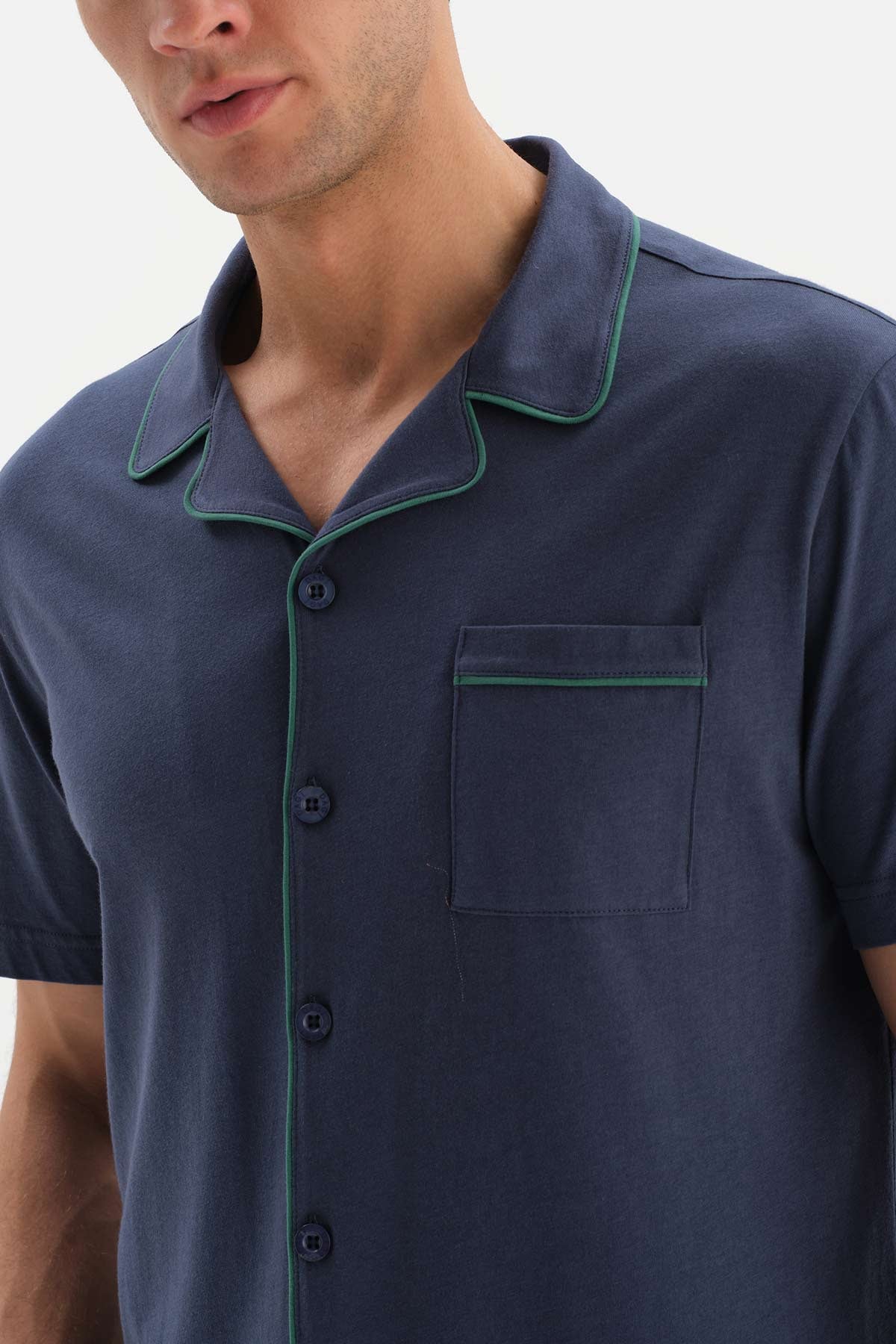 NAVY KNITTED PAJAMAS SUIT WITH SHIRT COLLAR SHORT SLEEVE SHORTS