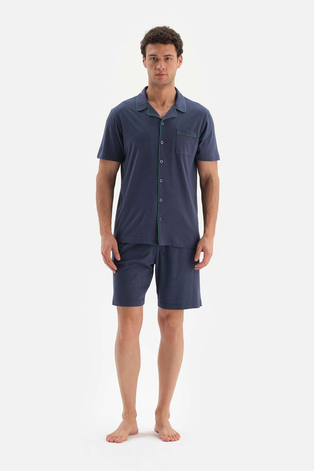 NAVY KNITTED PAJAMAS SUIT WITH SHIRT COLLAR SHORT SLEEVE SHORTS