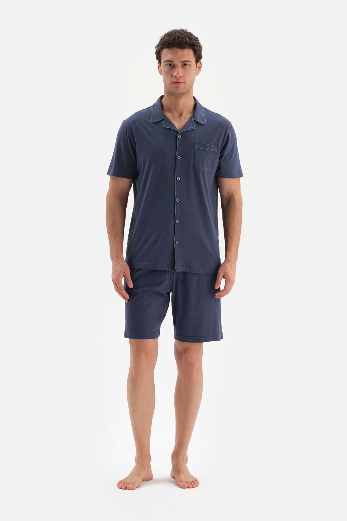 NAVY KNITTED PAJAMAS SUIT WITH SHIRT COLLAR SHORT SLEEVE SHORTS