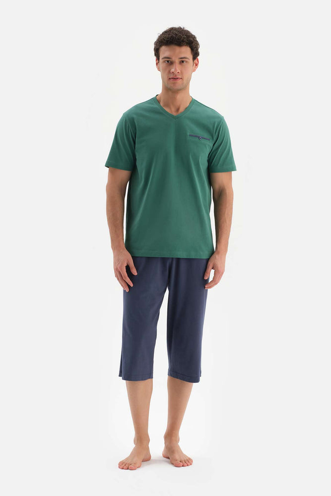 KHAKI V-NECK KNITTED PAJAMAS SUIT