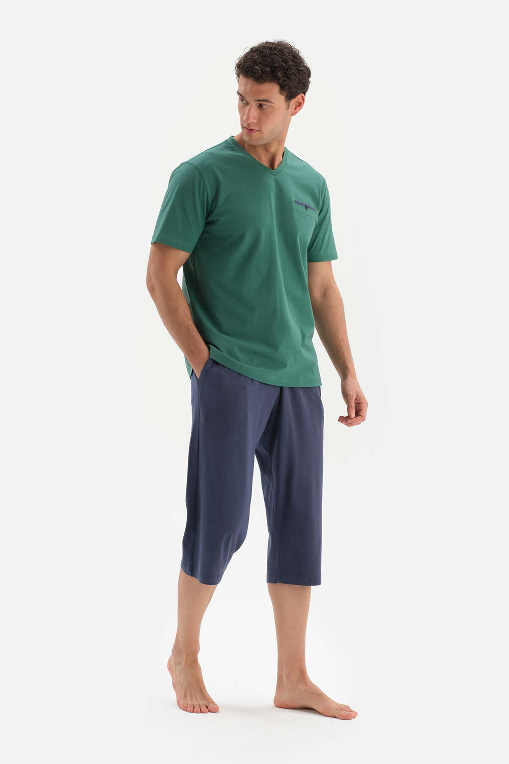 KHAKI V-NECK KNITTED PAJAMAS SUIT