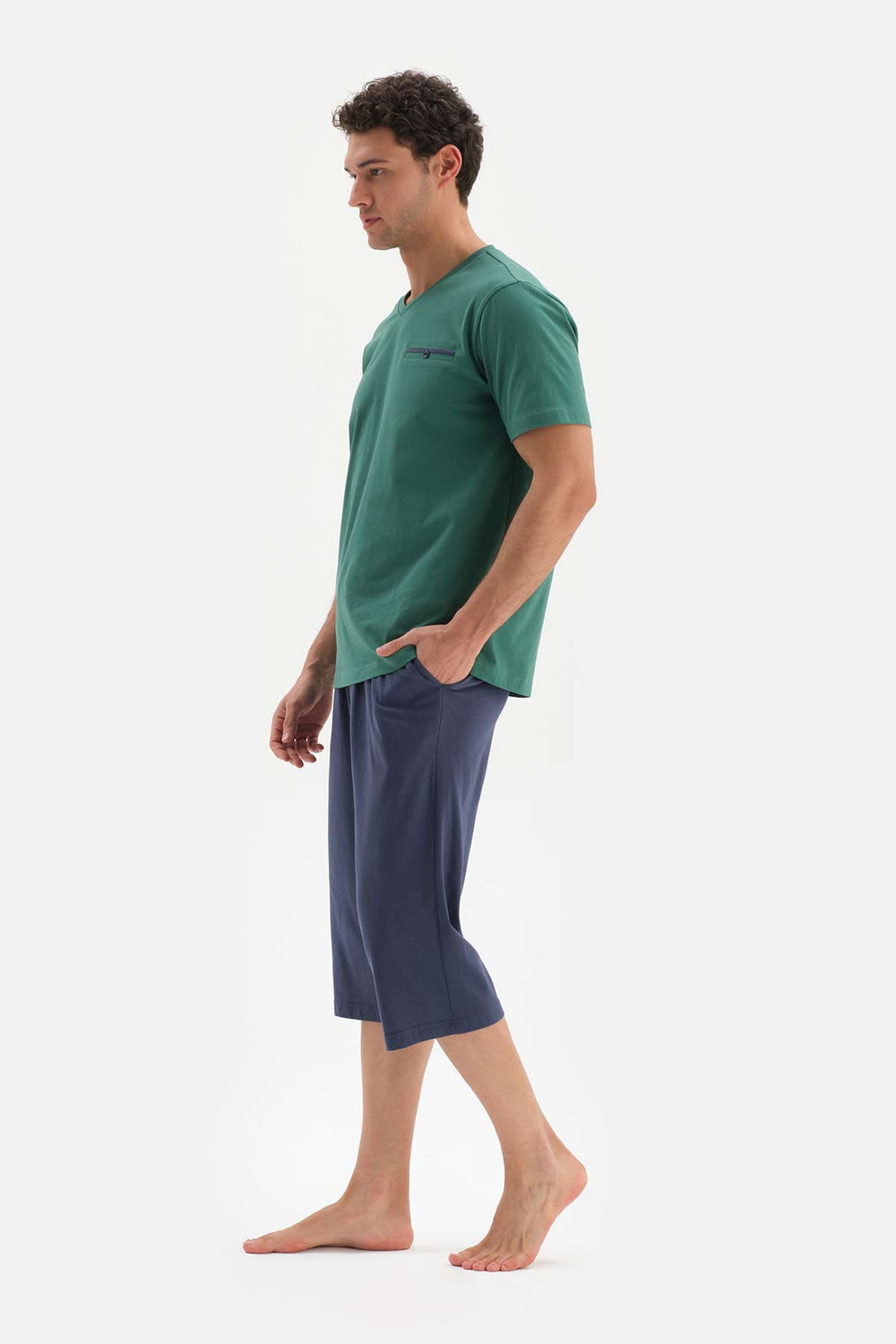 KHAKI V-NECK KNITTED PAJAMAS SUIT