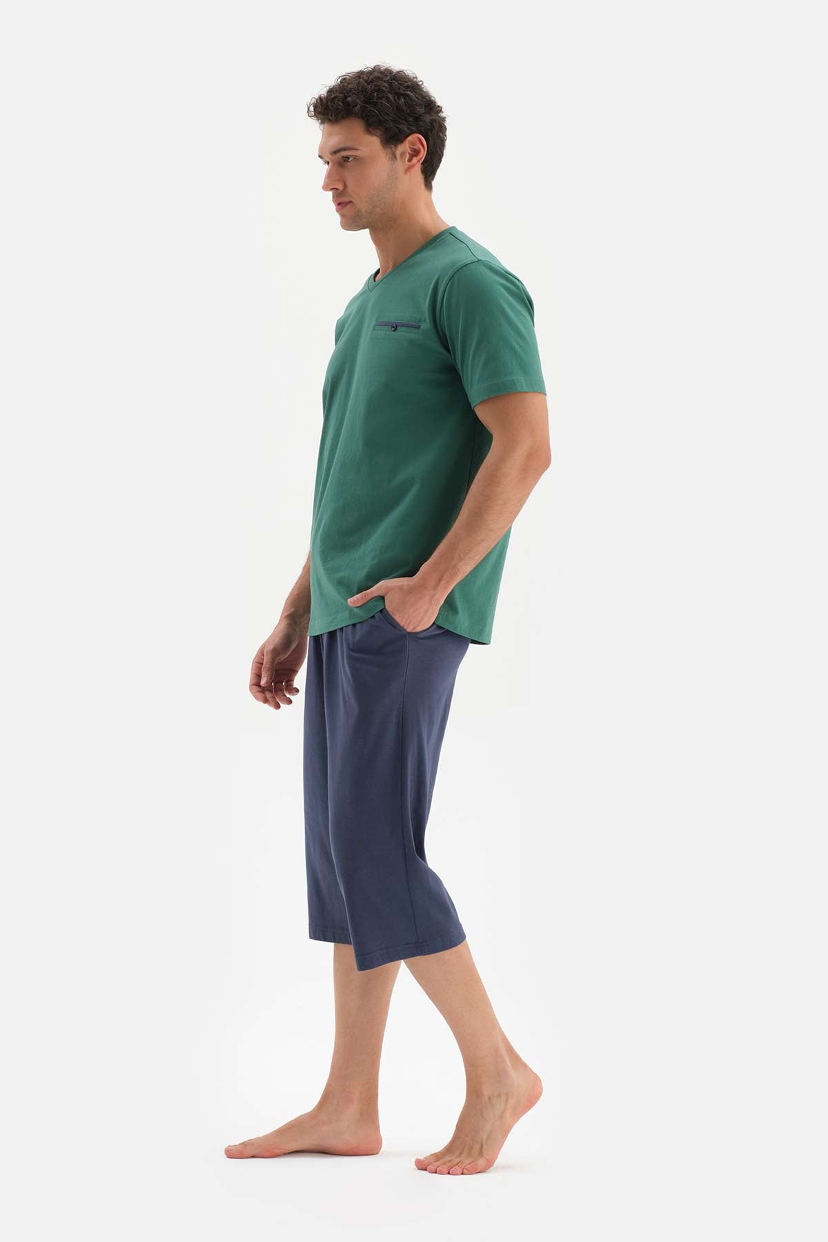 KHAKI V-NECK KNITTED PAJAMAS SUIT