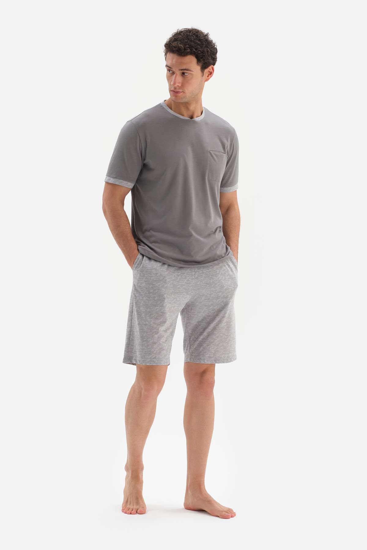GREY CREW-NECK JACQUARD SHORTS PAJAMAS SUIT