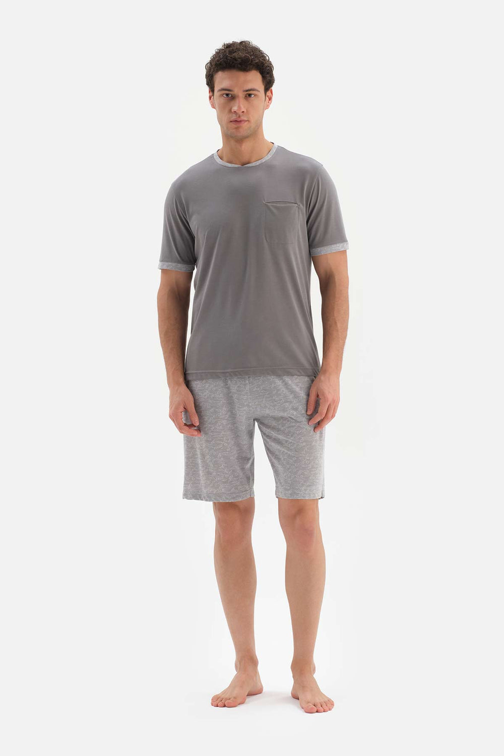 GREY CREW-NECK JACQUARD SHORTS PAJAMAS SUIT