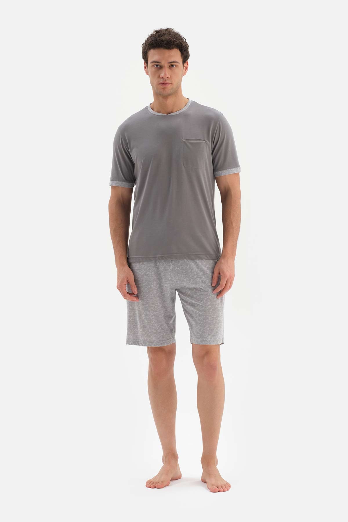 GREY CREW-NECK JACQUARD SHORTS PAJAMAS SUIT