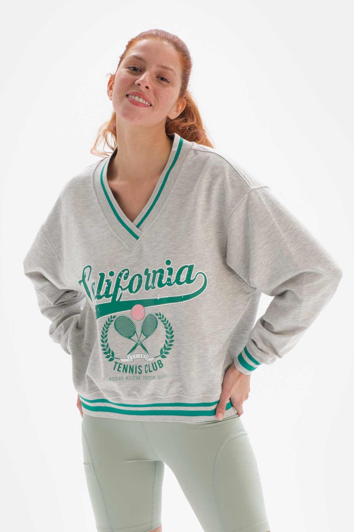 Gri Melanj Dagi Active Baskılı Oversize Sweatshirt