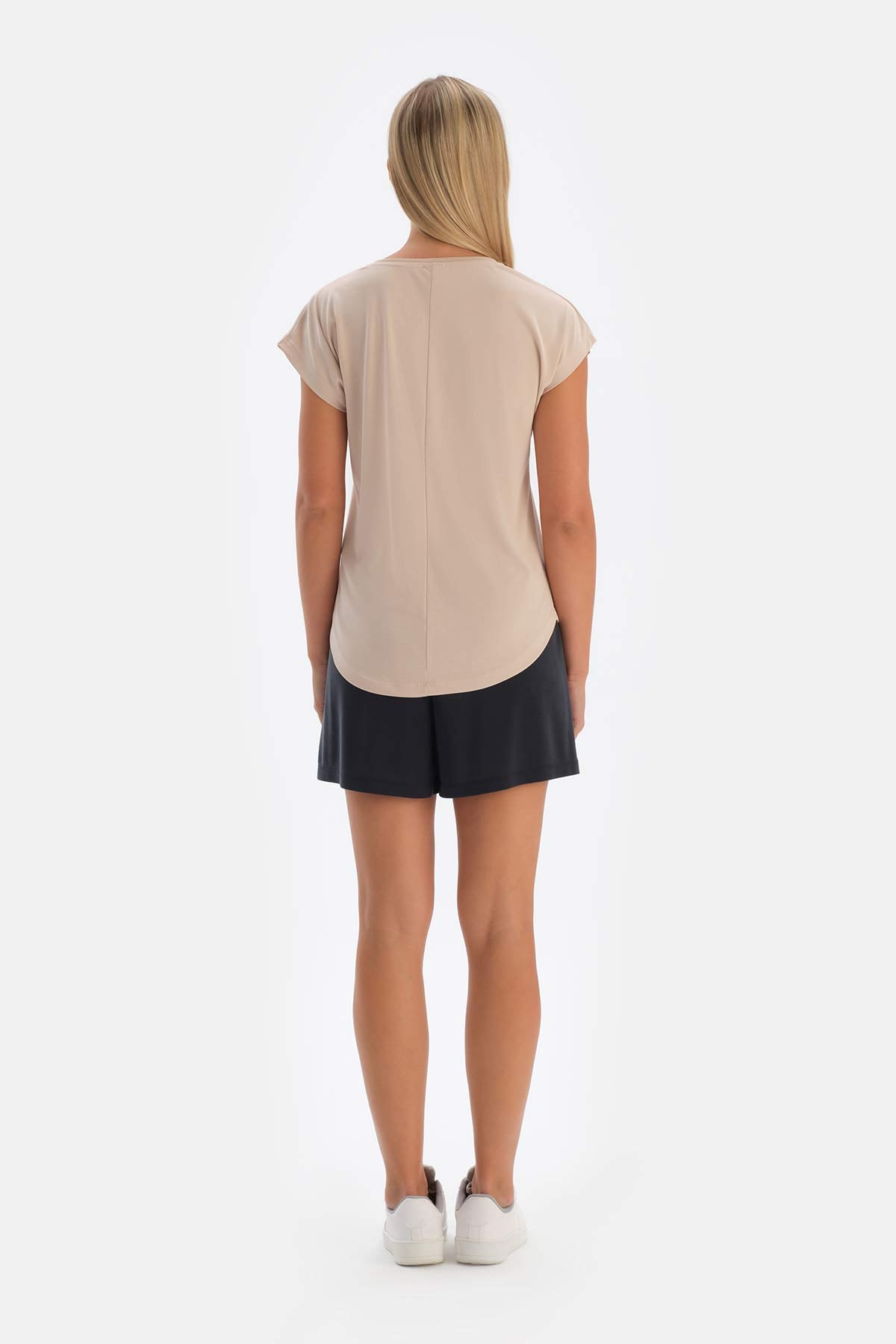 BEIGE V-NECK LOW SLEEVE CUPRO T-SHIRT