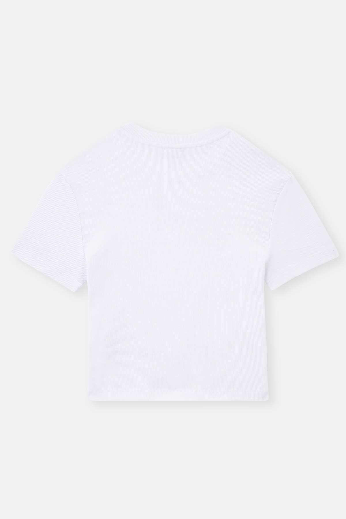 WHITE RIBBED CREW-NECK SHORT SLEEVE CROP T-SHIRT