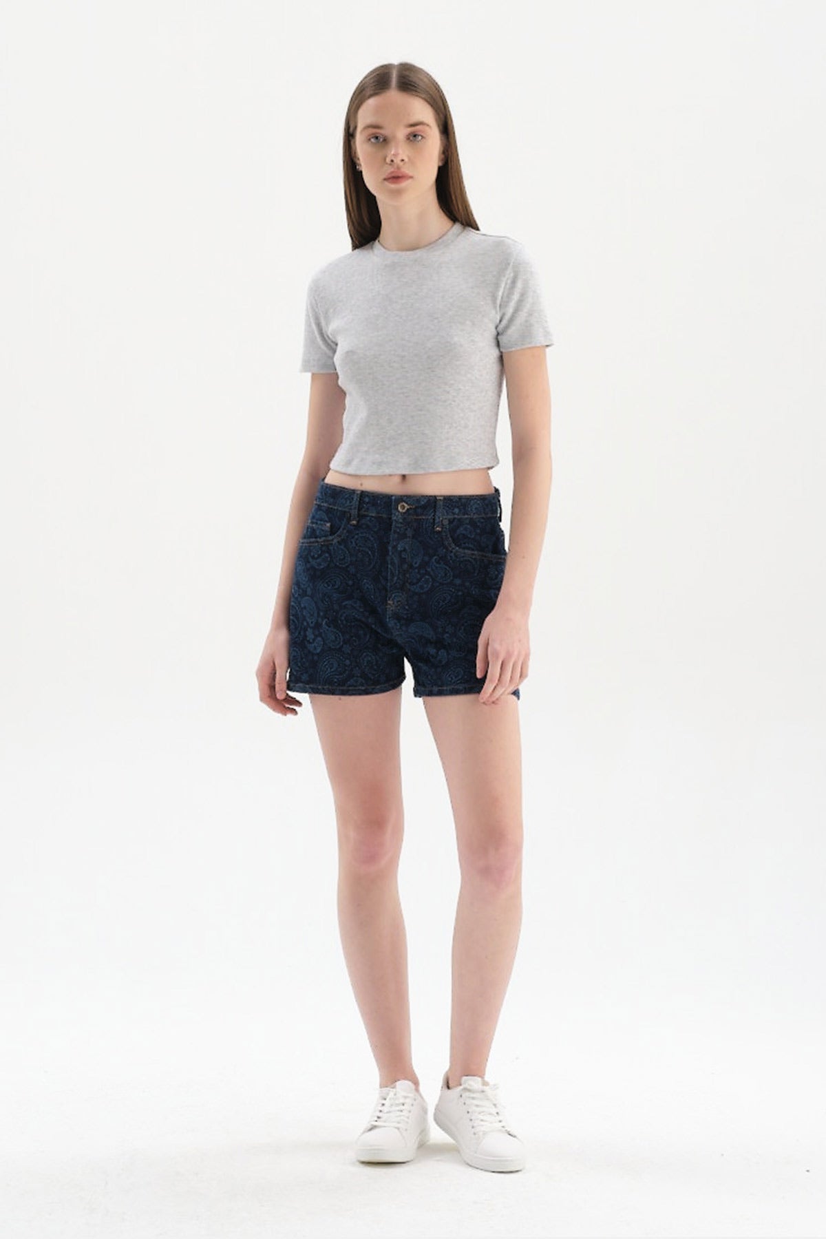 GREY MELANGE RIBBED CREW-NECK SHORT SLEEVE CROP T-SHIRT