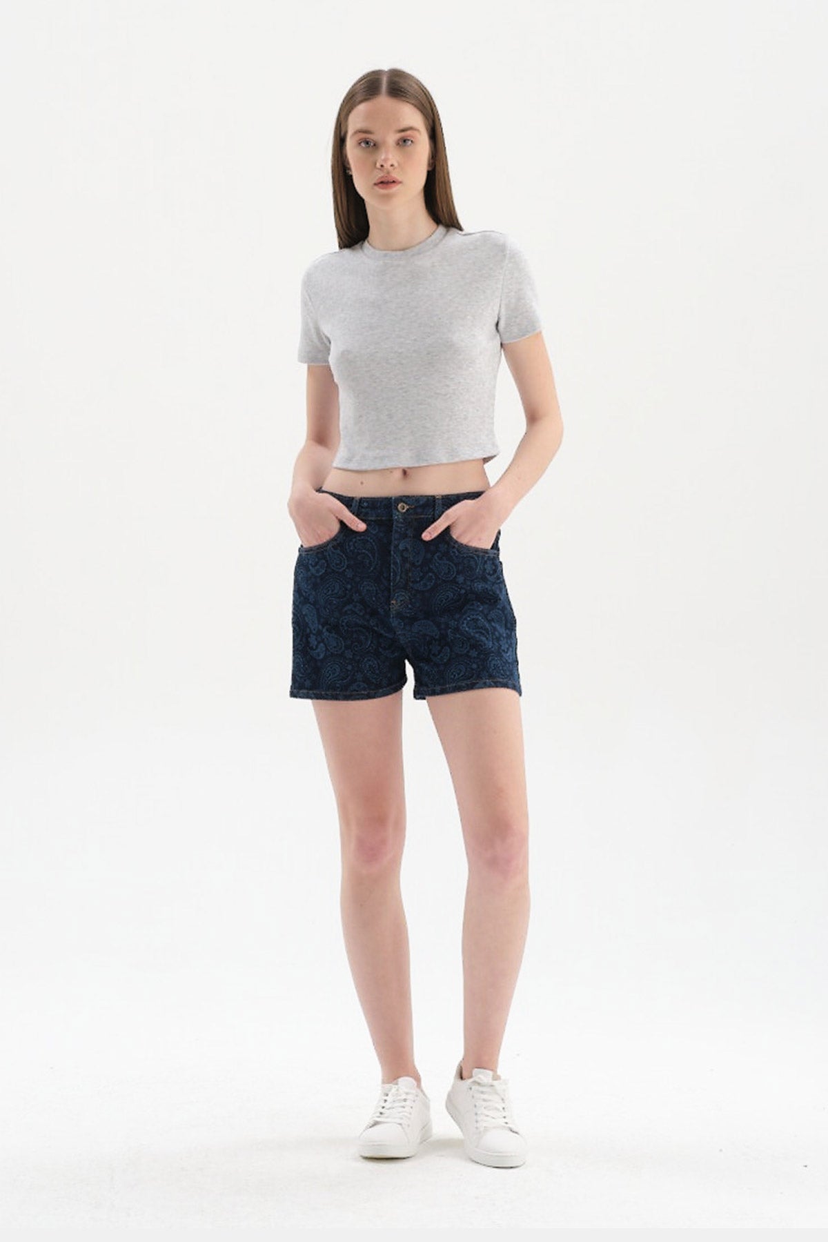 GREY MELANGE RIBBED CREW-NECK SHORT SLEEVE CROP T-SHIRT
