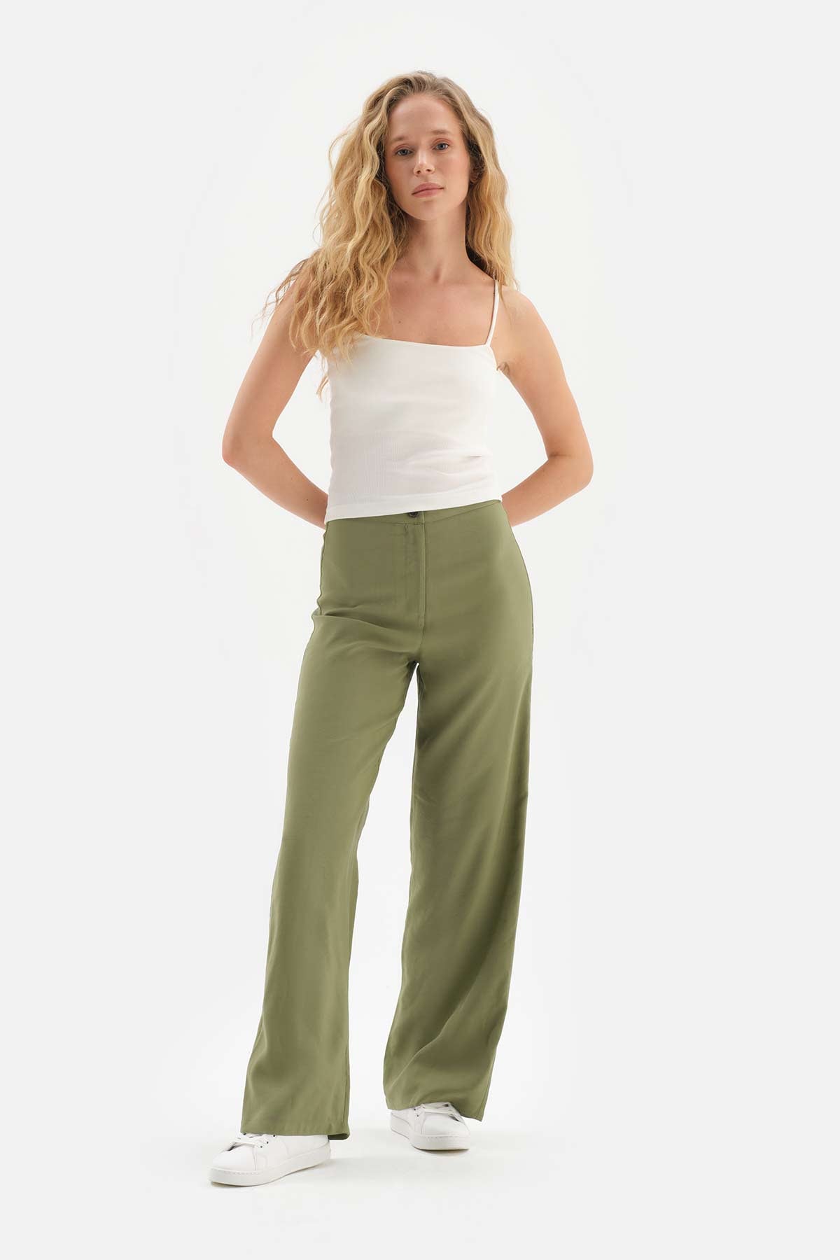 KHAKI HIGH WAIST WOVEN TUBE TROUSERS