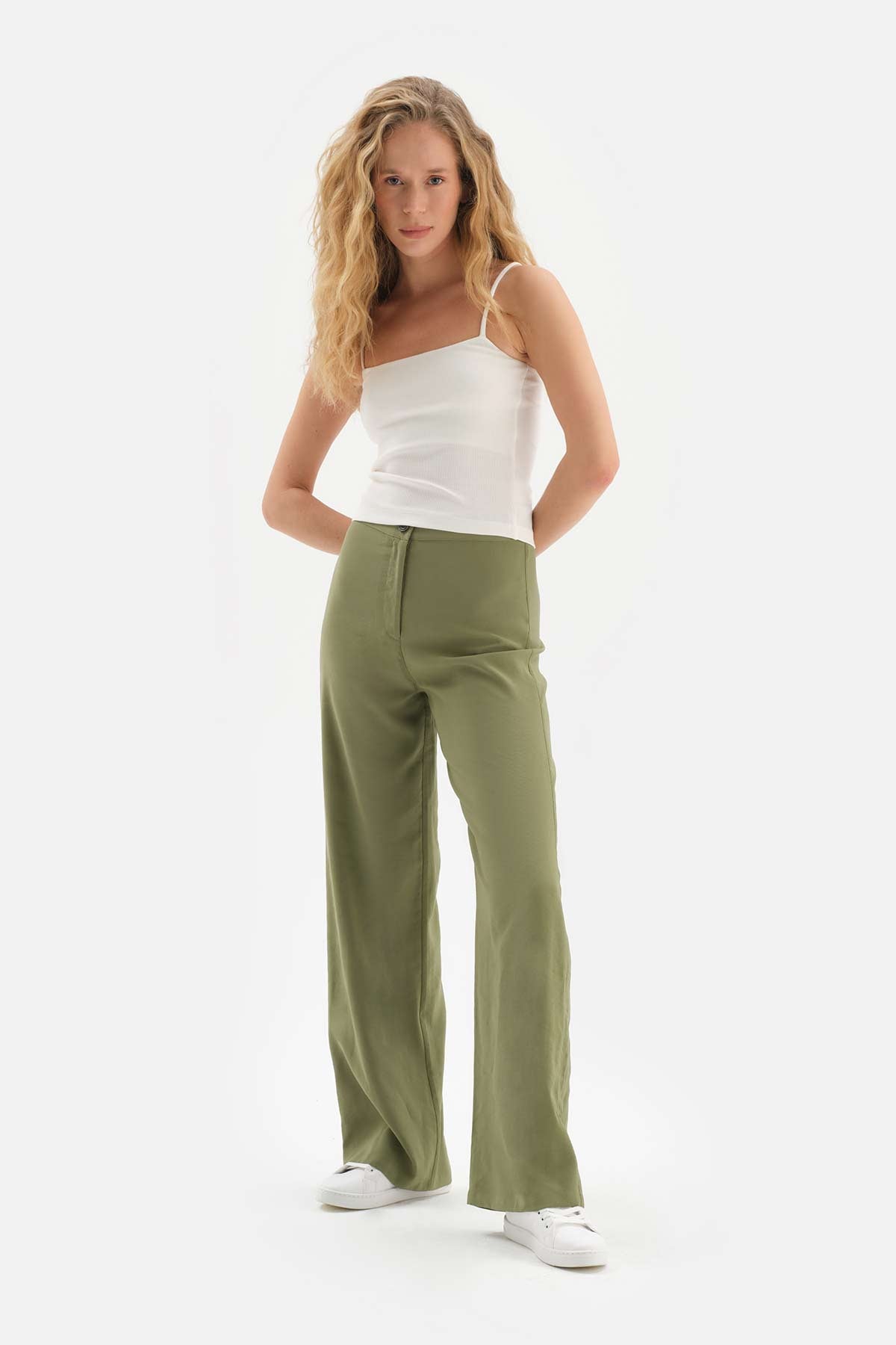 KHAKI HIGH WAIST WOVEN TUBE TROUSERS