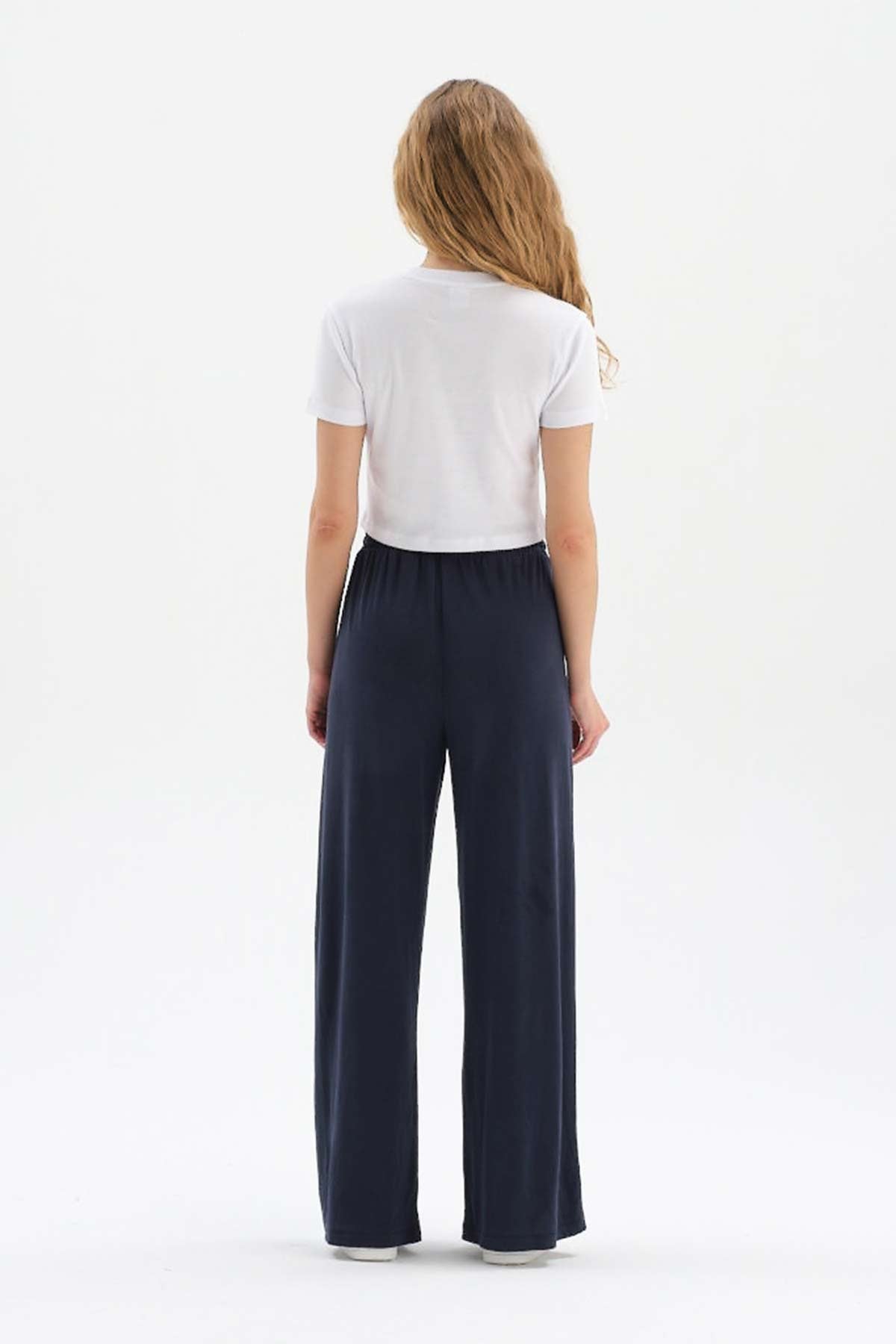 NAVY WIDE LEG CUPRO TROUSERS WITH ELASTIC WAIST