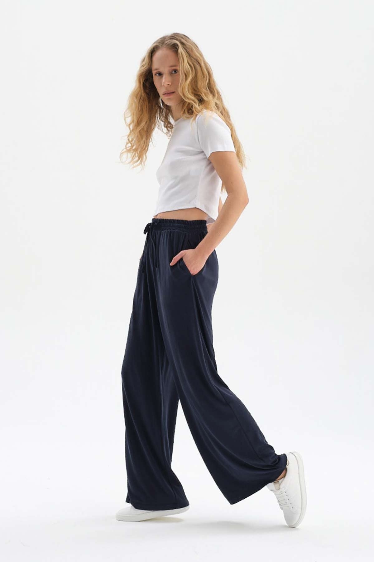 NAVY WIDE LEG CUPRO TROUSERS WITH ELASTIC WAIST