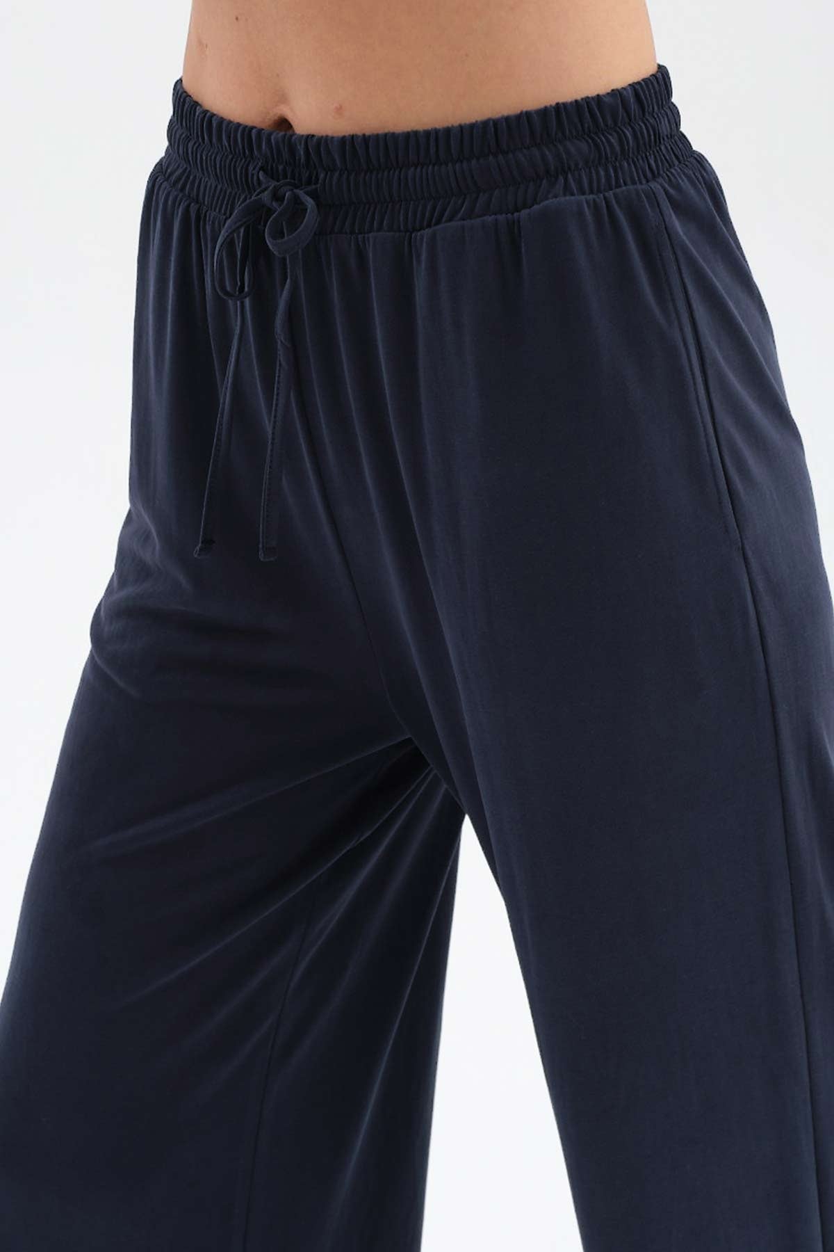 NAVY WIDE LEG CUPRO TROUSERS WITH ELASTIC WAIST
