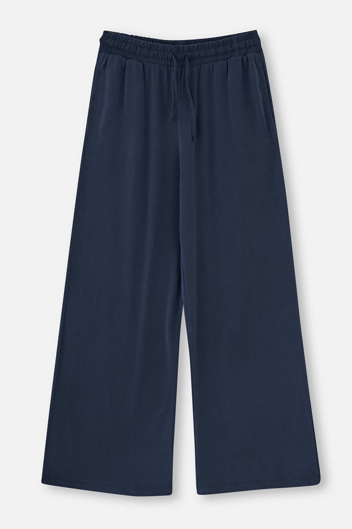 NAVY WIDE LEG CUPRO TROUSERS WITH ELASTIC WAIST