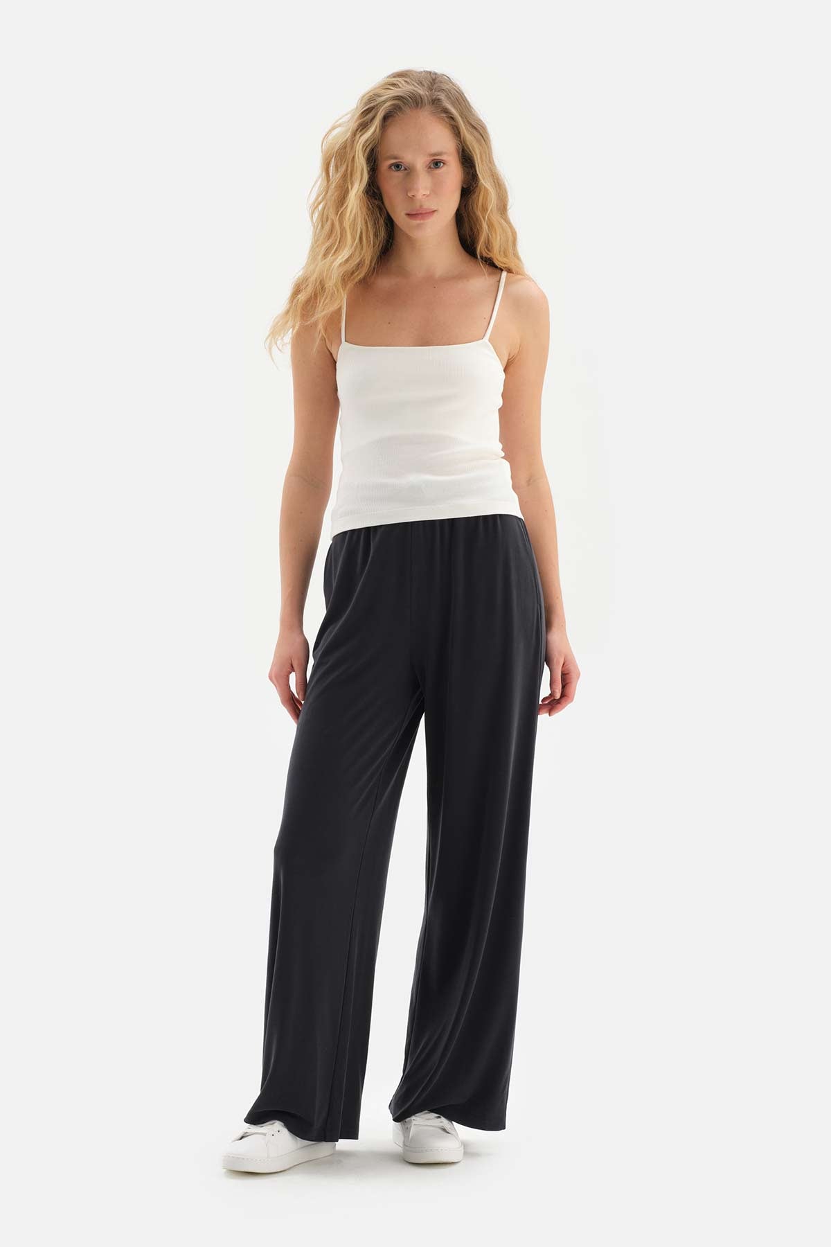 BLACK WIDE LEG CUPRO TROUSERS WITH ELASTIC WAIST