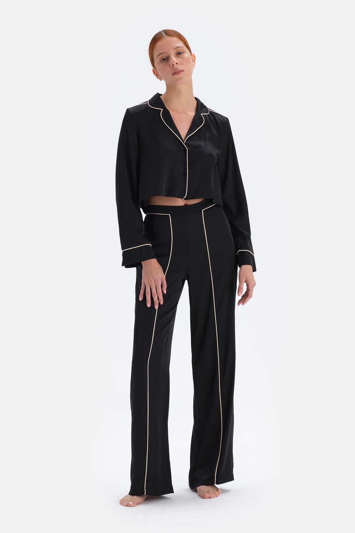 Siyah Biye Detaylı Gömlek Yaka Bride Saten Pijama Takımı