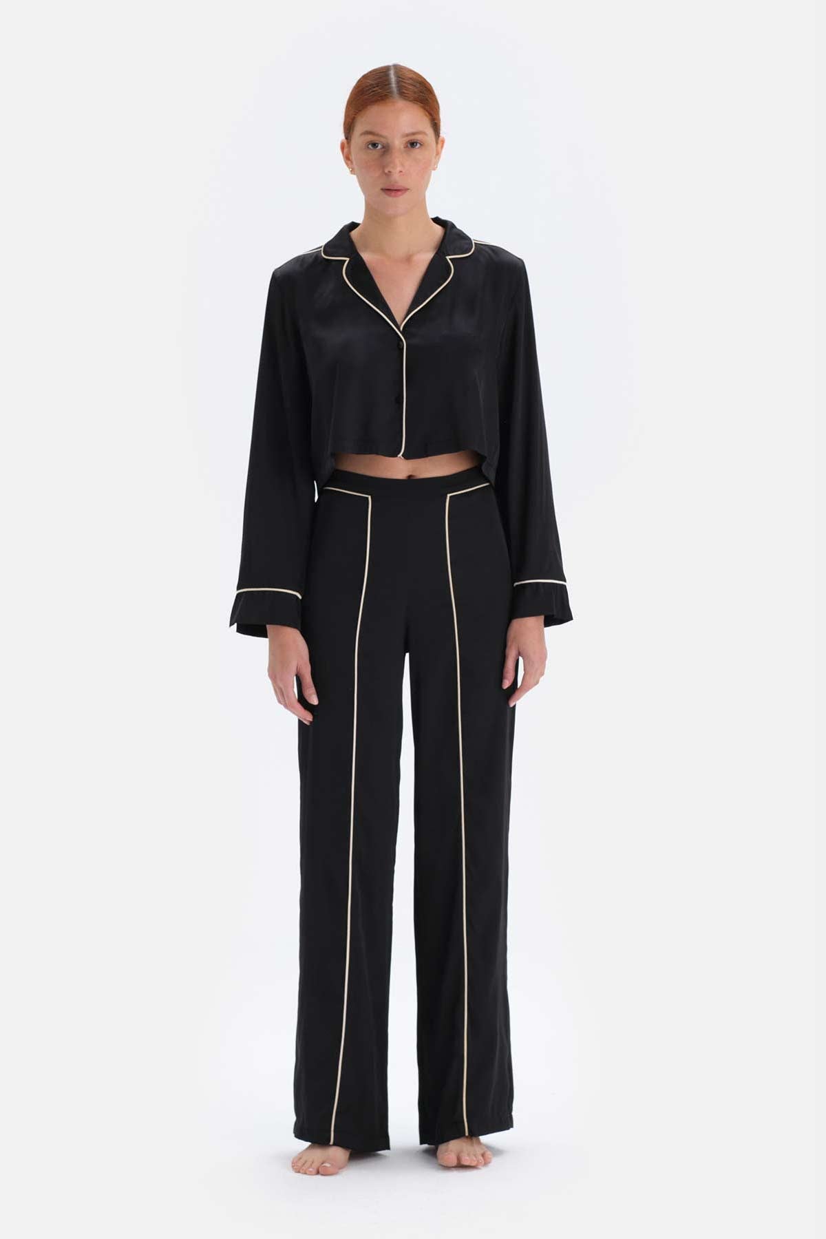 Siyah Biye Detaylı Gömlek Yaka Bride Saten Pijama Takımı