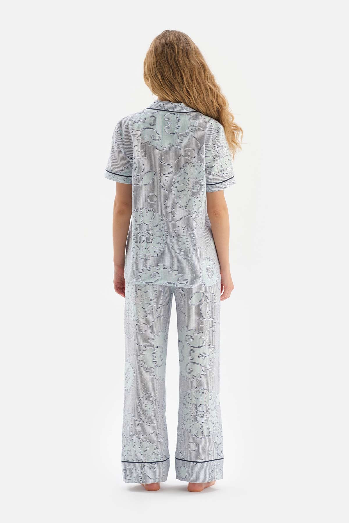 BLUE SHIRT COLLAR TILE PATTERN VISCOSE WOVEN PAJAMAS