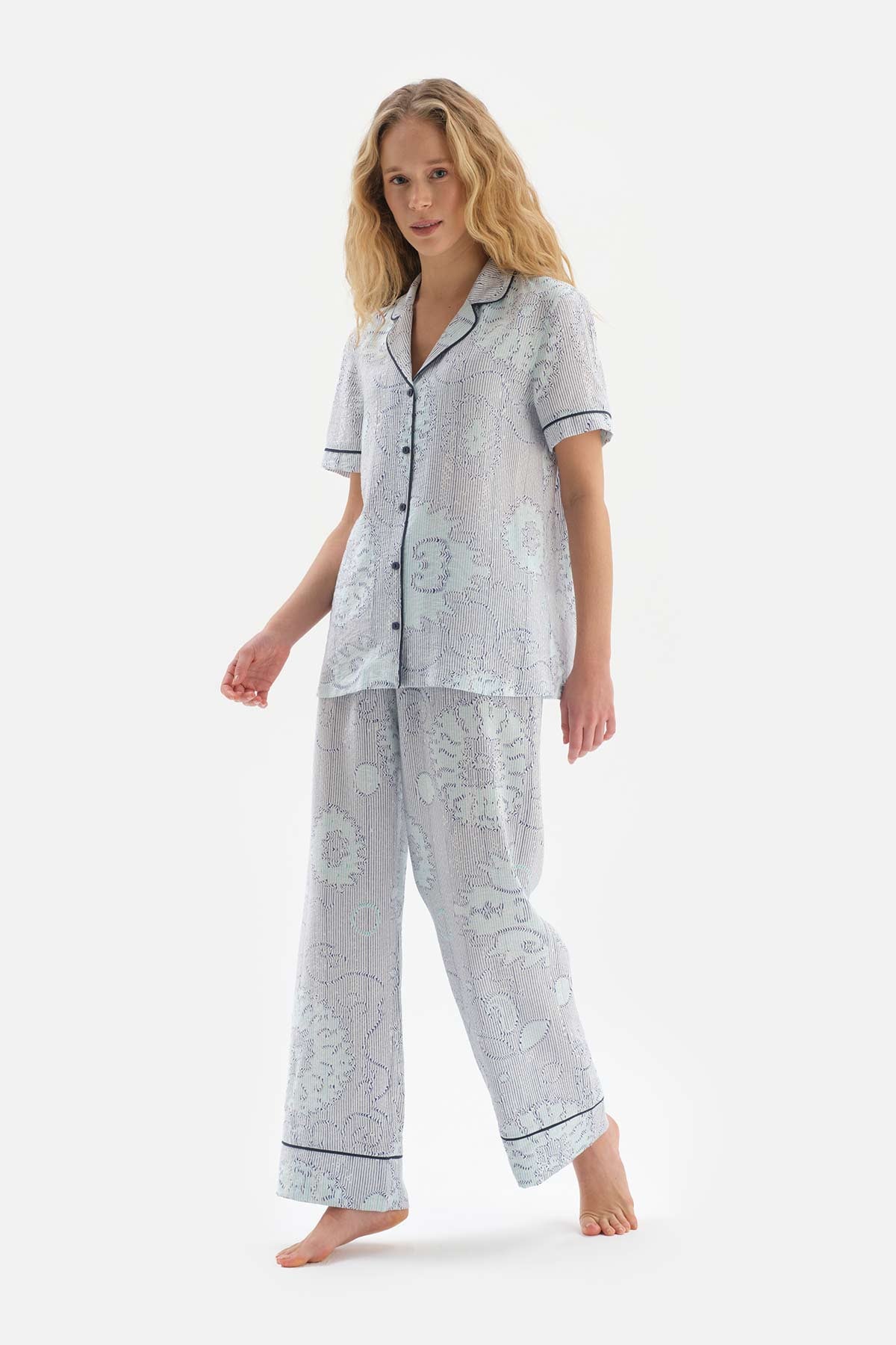 BLUE SHIRT COLLAR TILE PATTERN VISCOSE WOVEN PAJAMAS