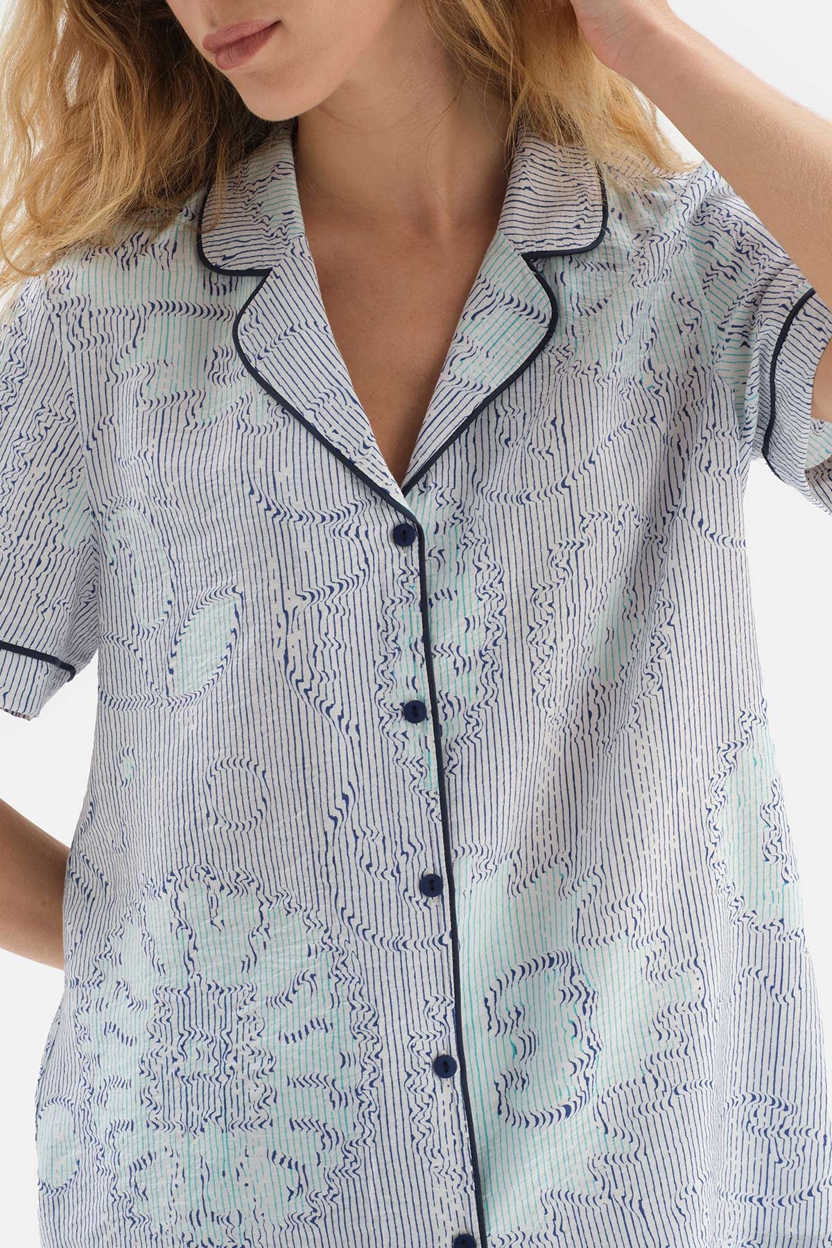 BLUE SHIRT COLLAR TILE PATTERN VISCOSE WOVEN PAJAMAS