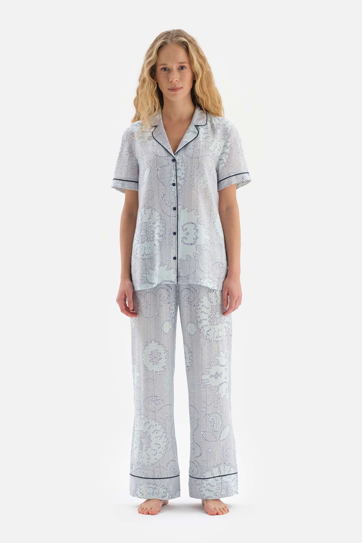 BLUE SHIRT COLLAR TILE PATTERN VISCOSE WOVEN PAJAMAS