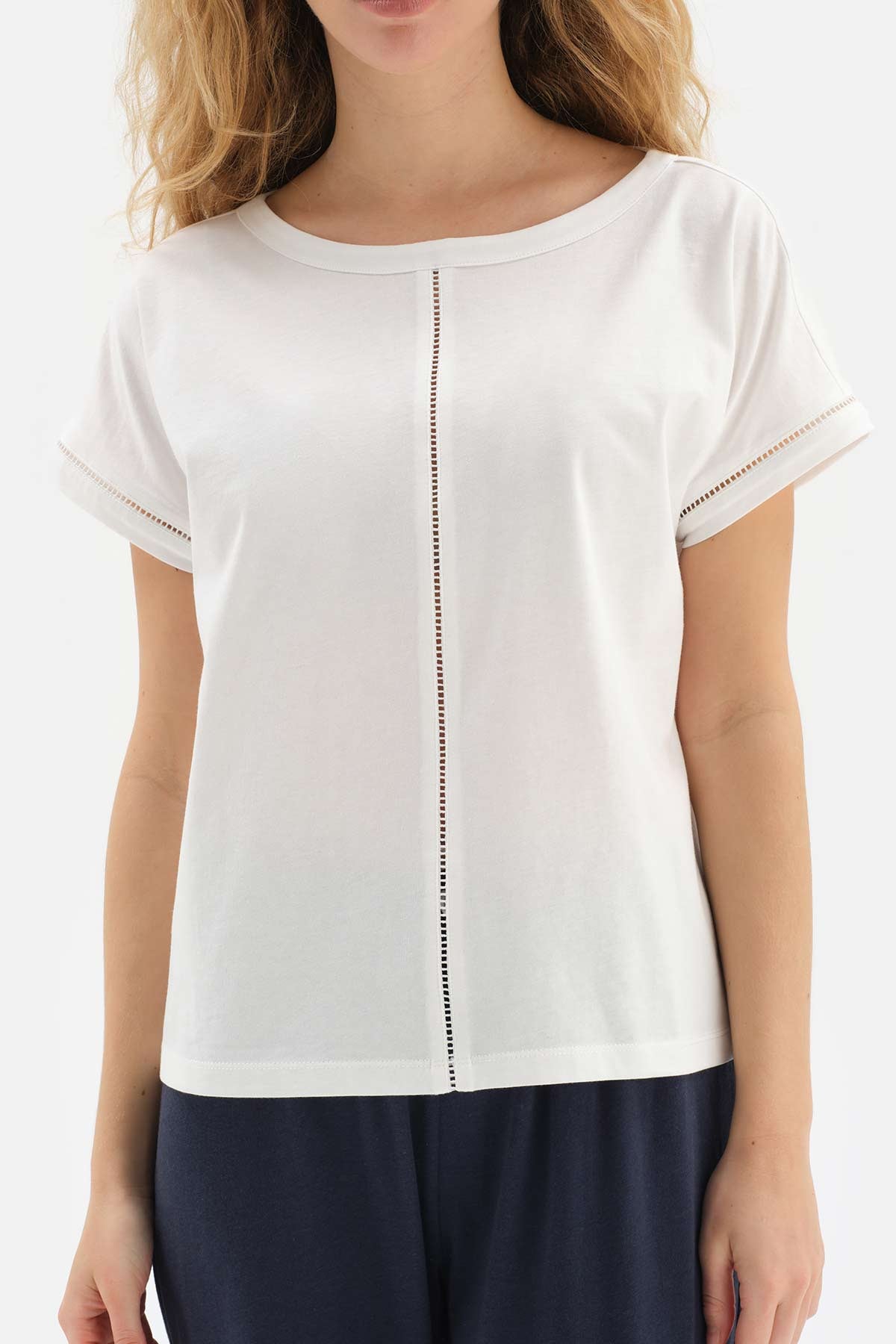 WHITE BLINING DETAILED BOAT COLLAR KNITTED PAJAMAS