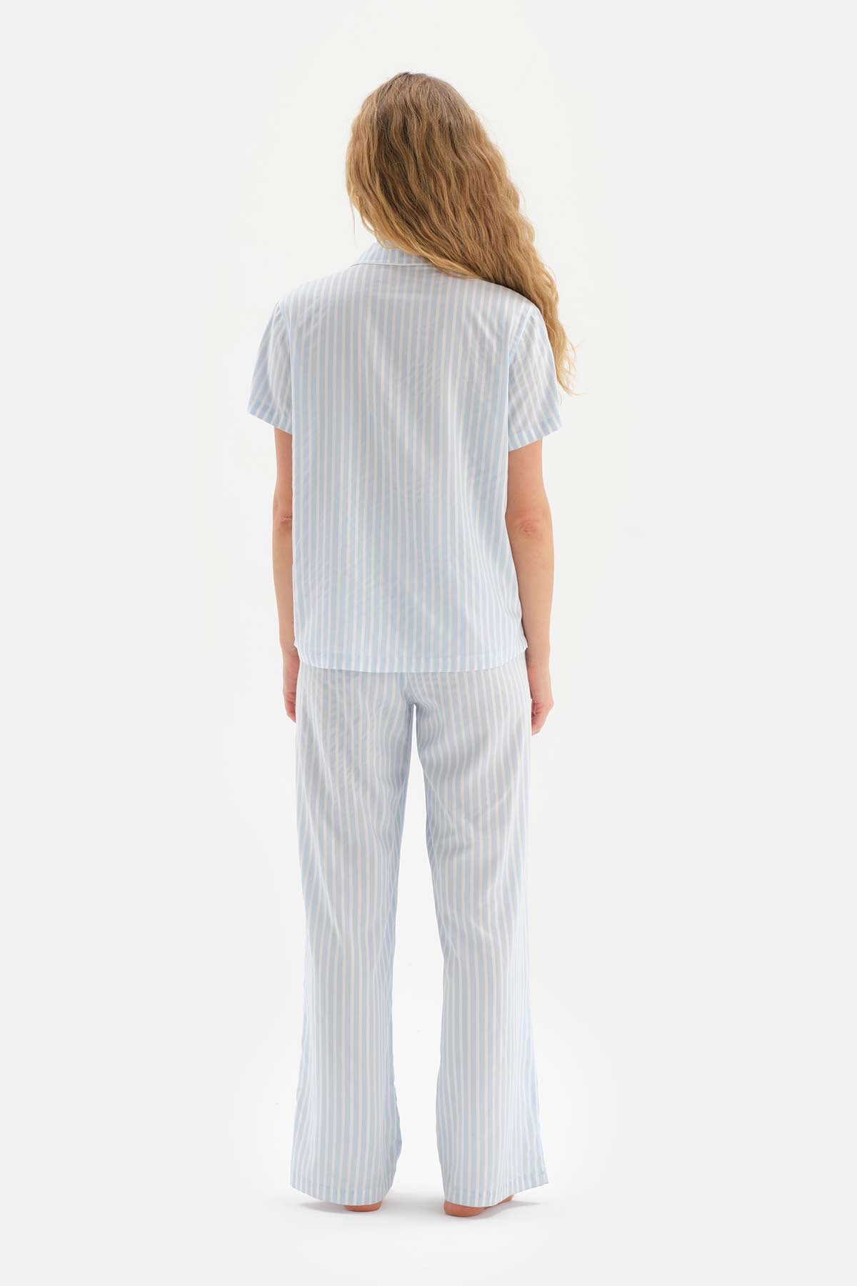 LIGHT BLUE BLINING DETAILED STRIPED WOVEN PAJAMAS