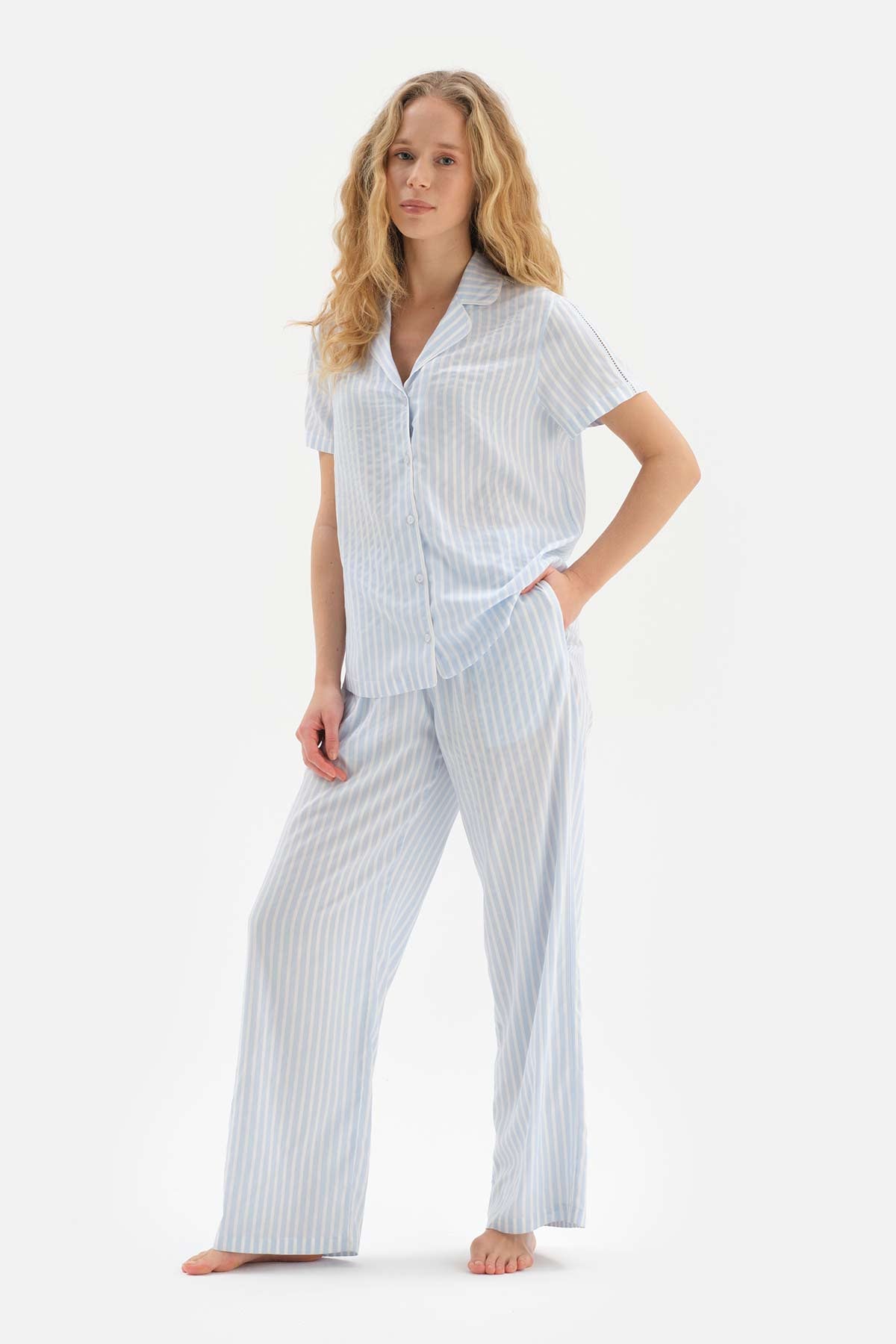 LIGHT BLUE BLINING DETAILED STRIPED WOVEN PAJAMAS