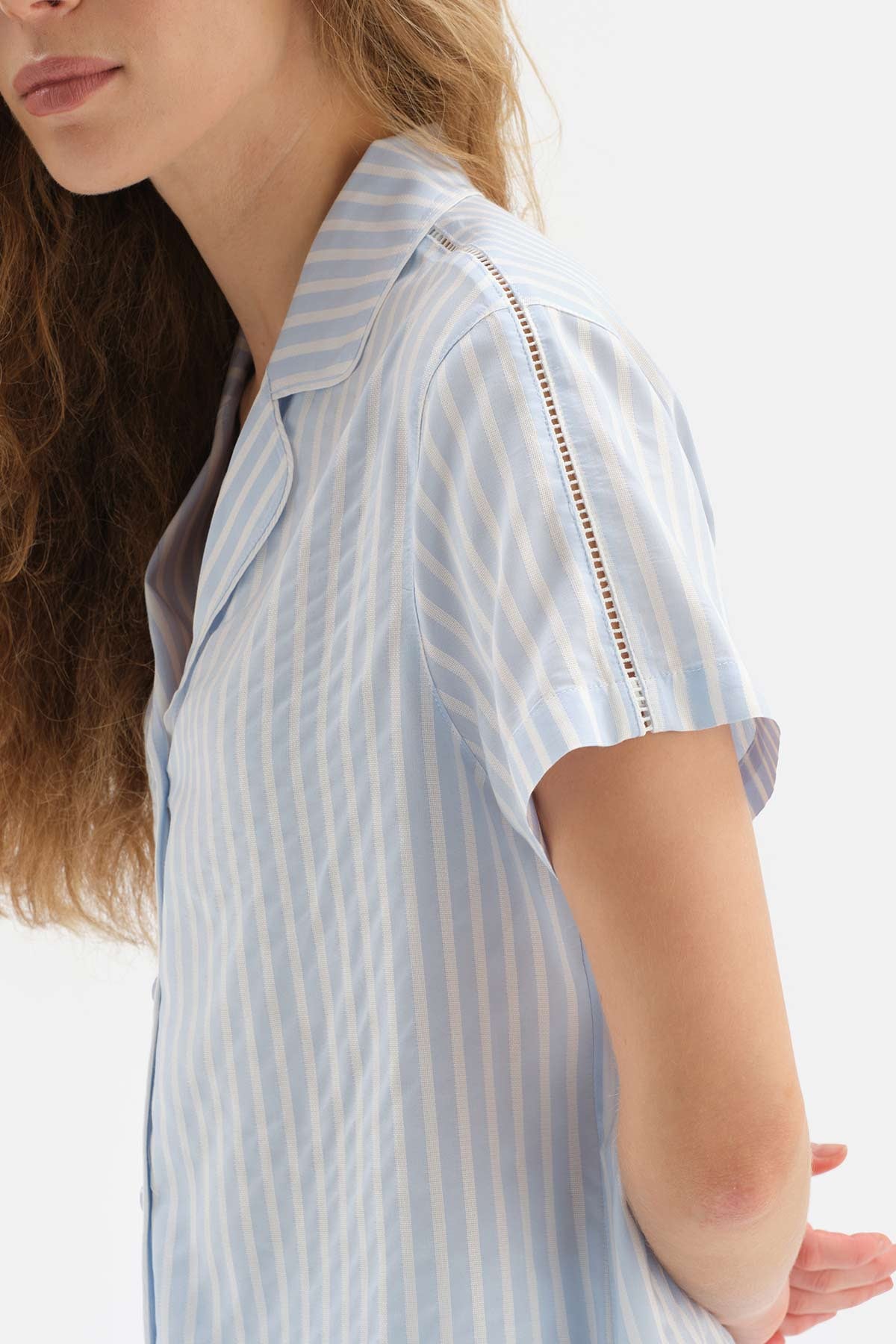 LIGHT BLUE BLINING DETAILED STRIPED WOVEN PAJAMAS