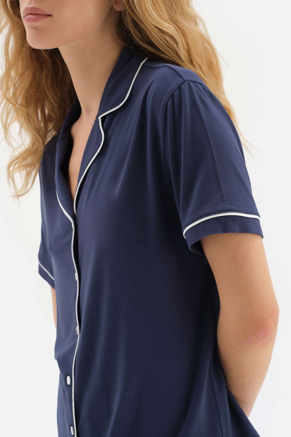 NAVY SHIRT COLLAR KNITTED PAJAMAS