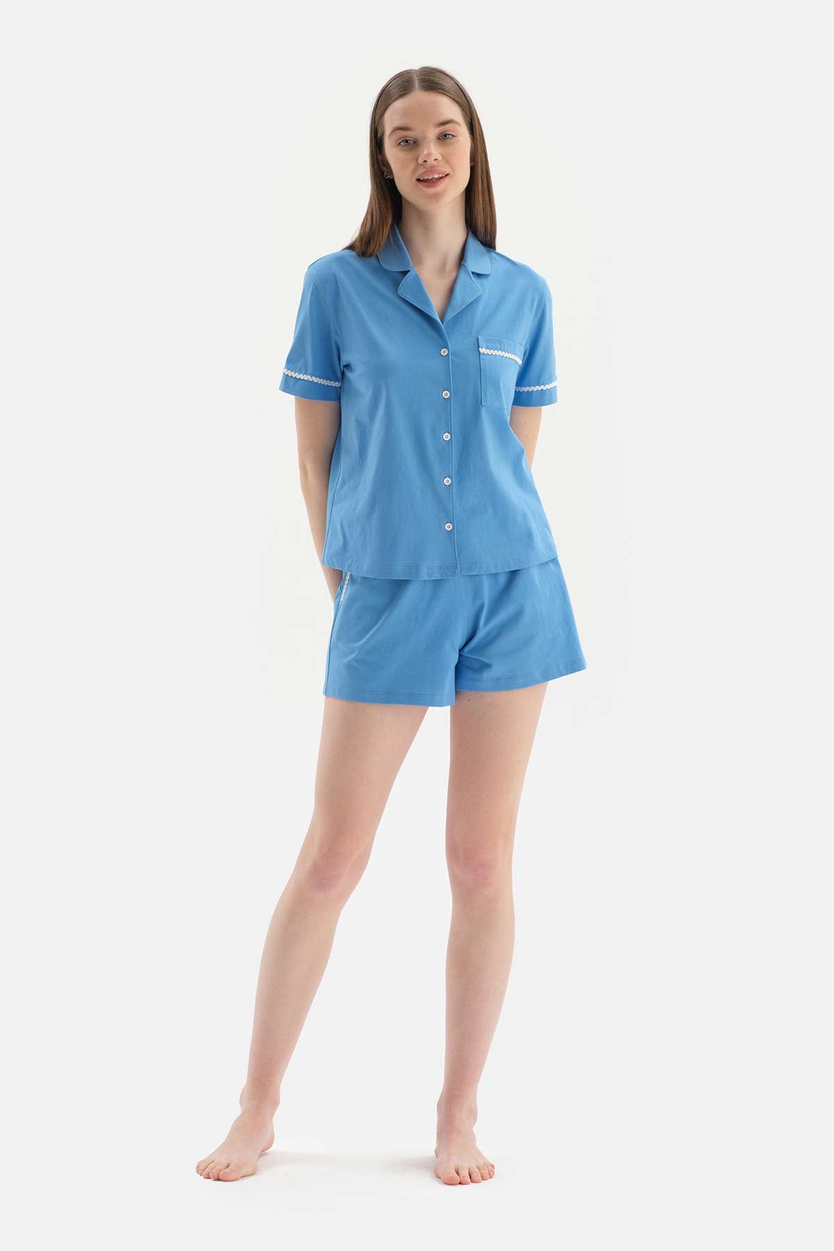 BLUE SHIRT COLLAR FESTO BLINK DETAILED KNITTED PAJAMAS