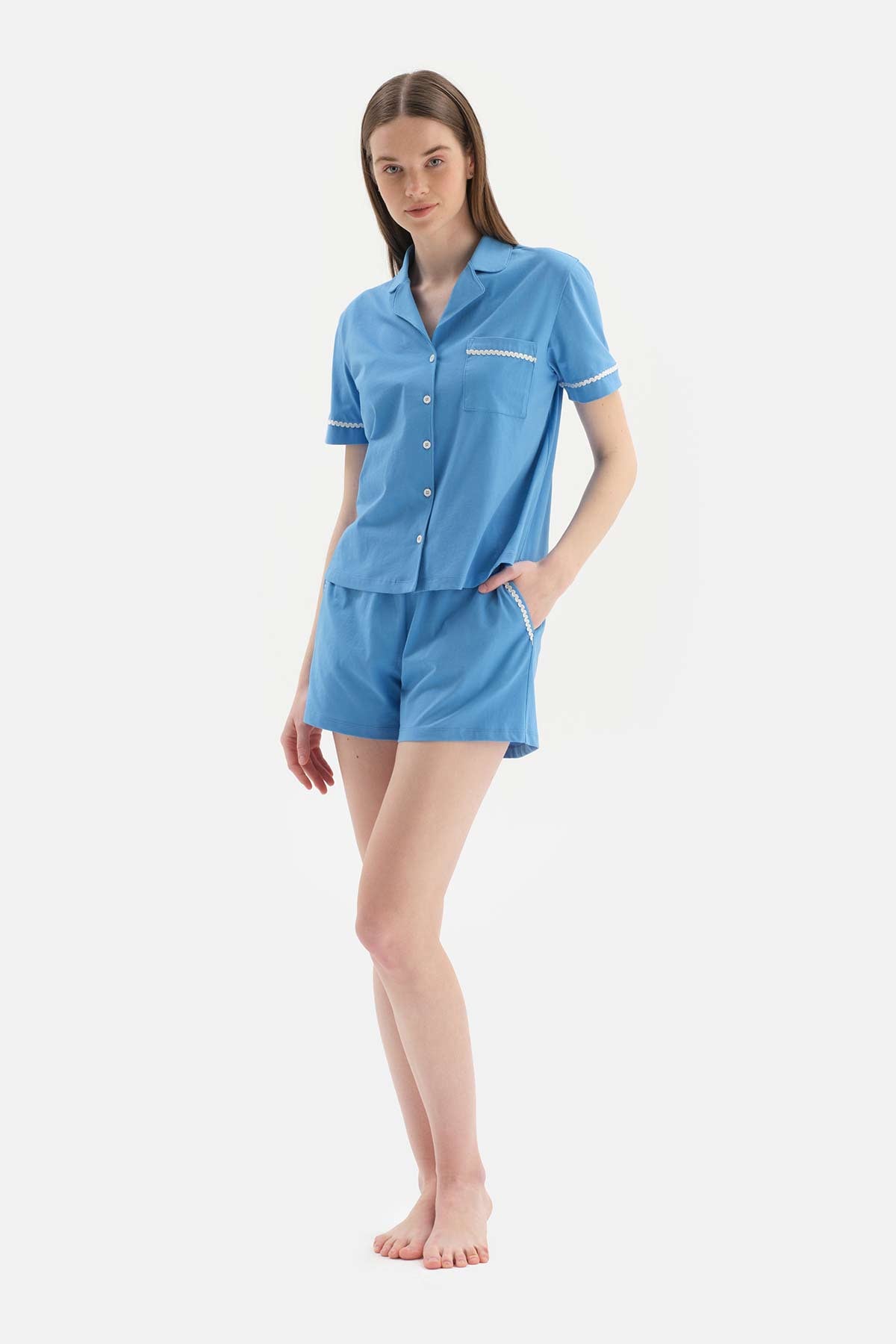 BLUE SHIRT COLLAR FESTO BLINK DETAILED KNITTED PAJAMAS