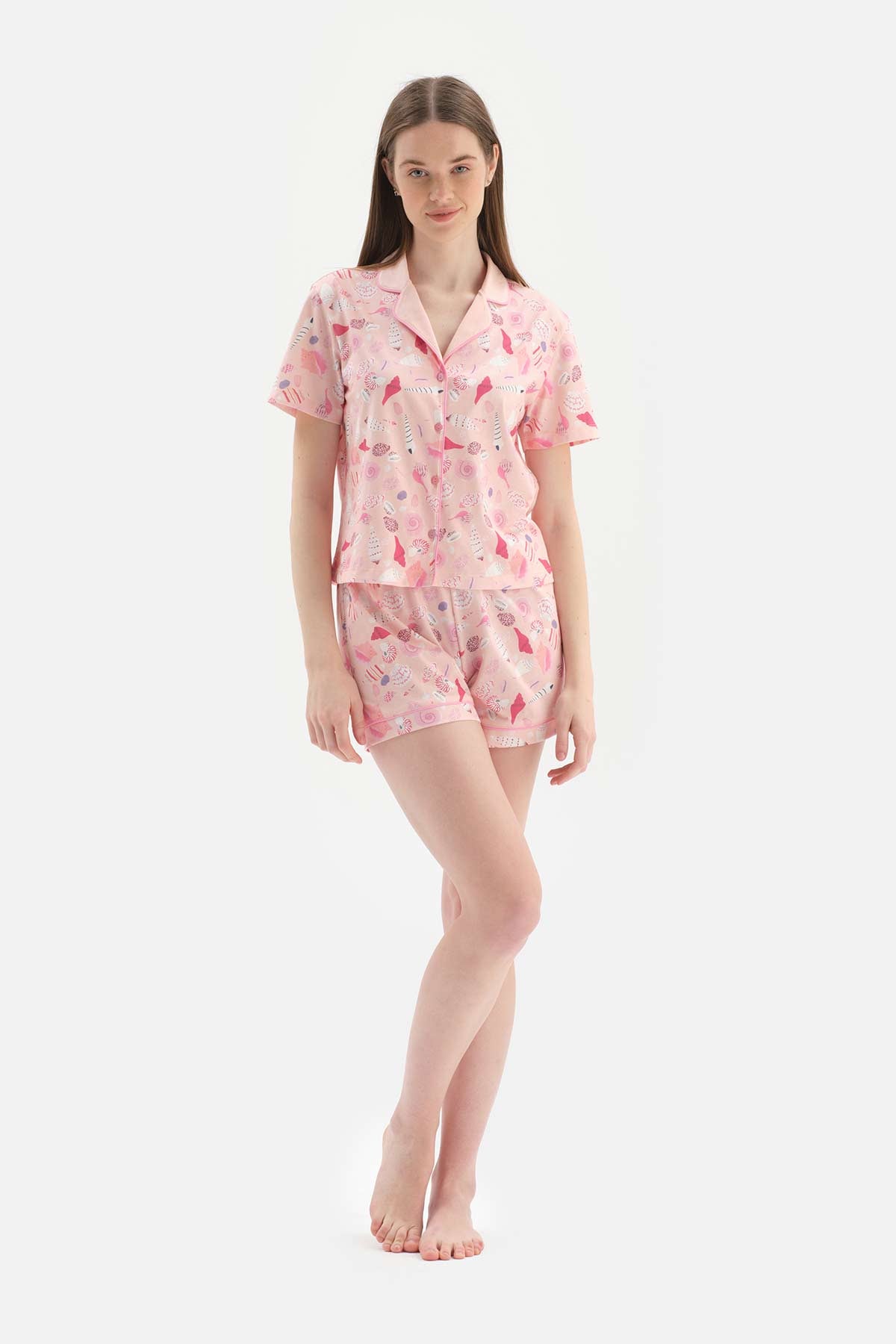 SALMON SHIRT COLLAR PRINTED KNITTED PAJAMAS
