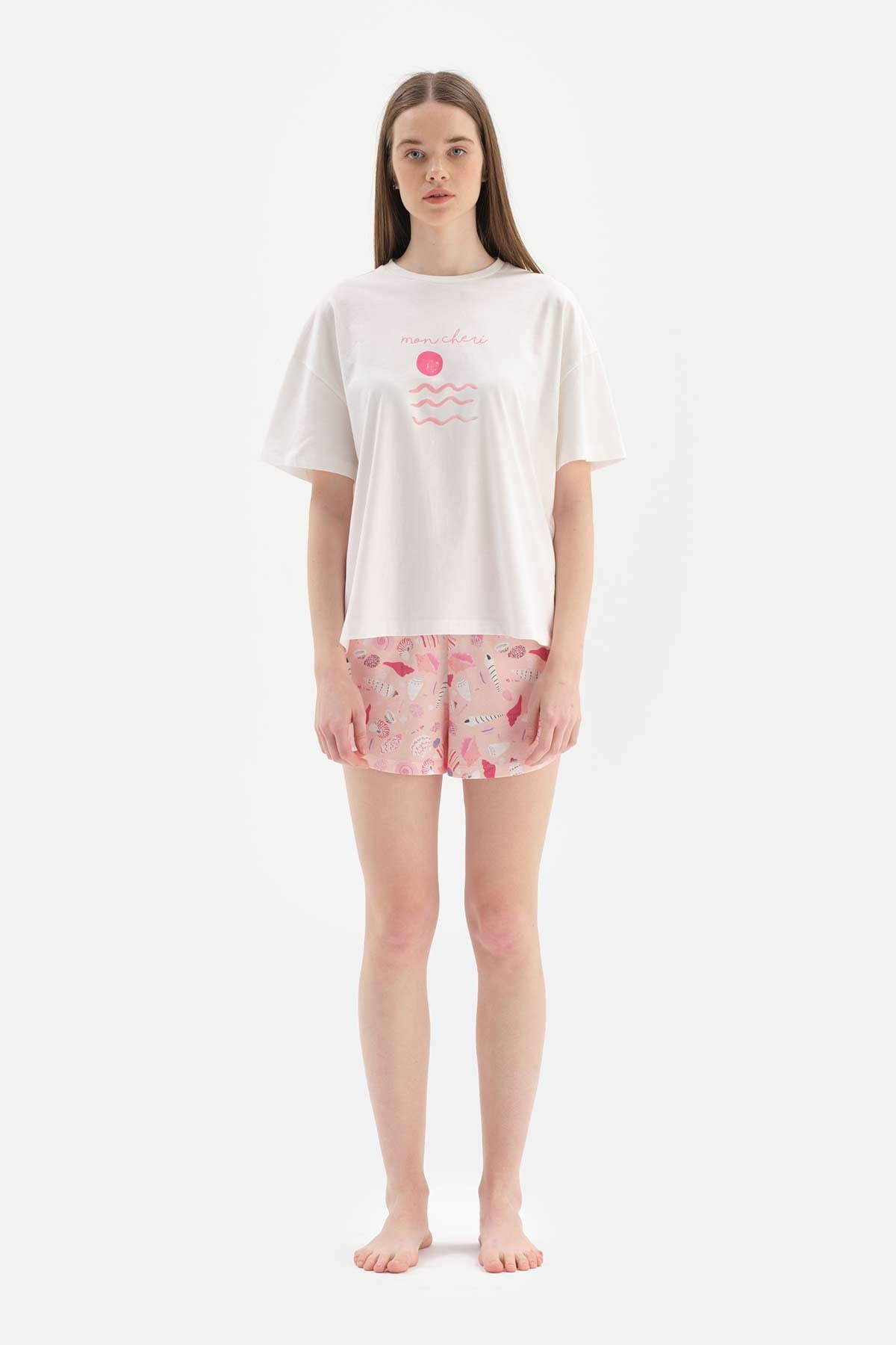 OFF WHITE CREW-NECK PRINTED KNITTED TOP PRINTED SHORTS BOTTOM KNITTED PAJAMAS