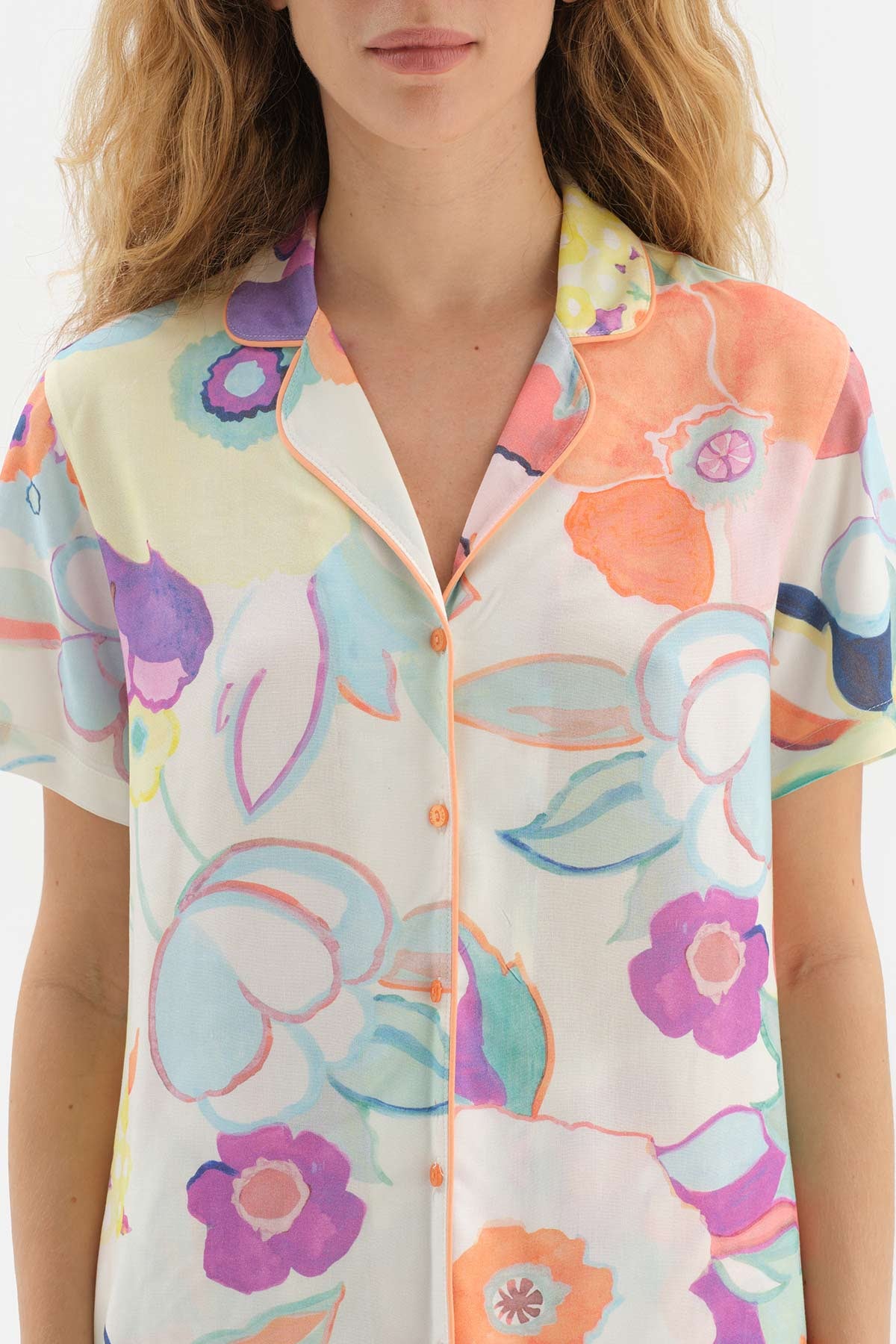 ORANGE SHIRT COLLAR FLORAL PATTERNED WOVEN PAJAMAS