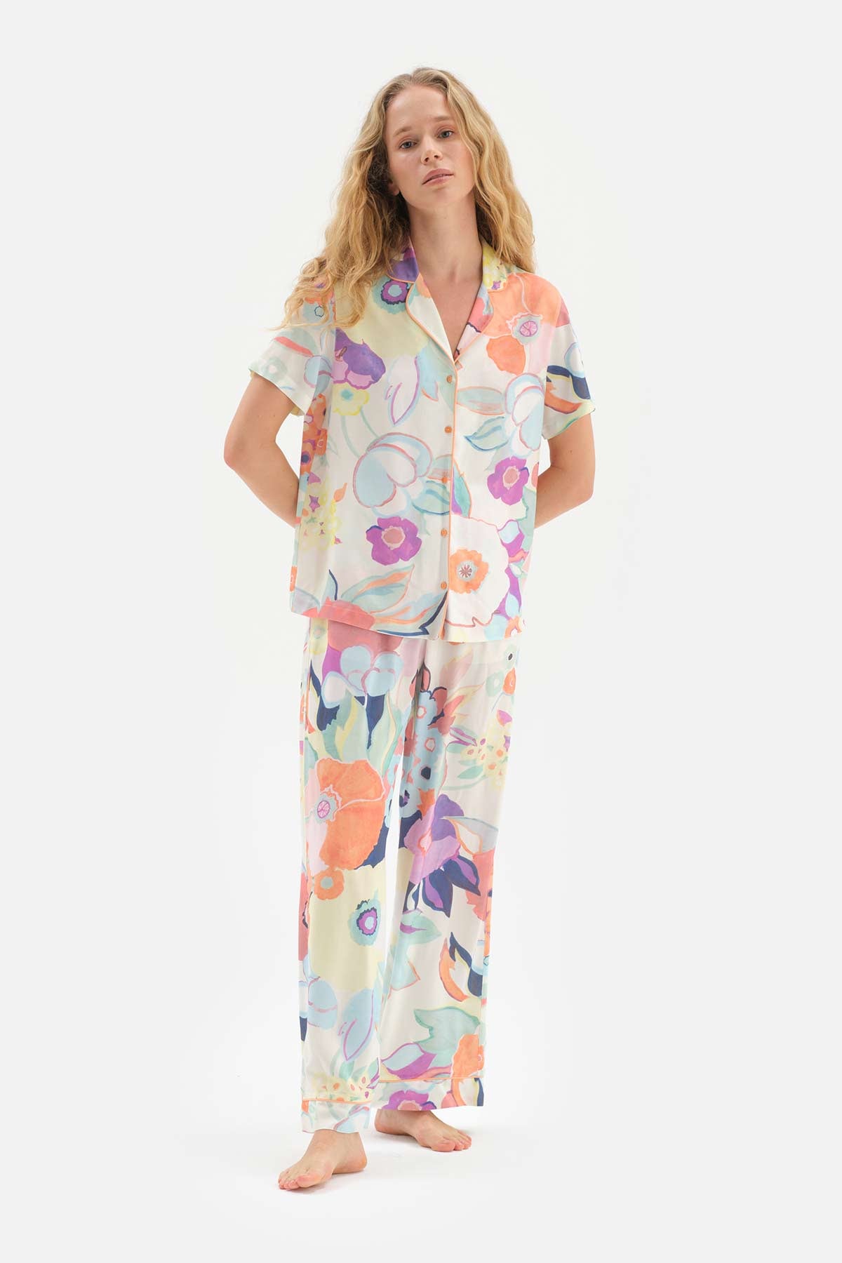 ORANGE SHIRT COLLAR FLORAL PATTERNED WOVEN PAJAMAS