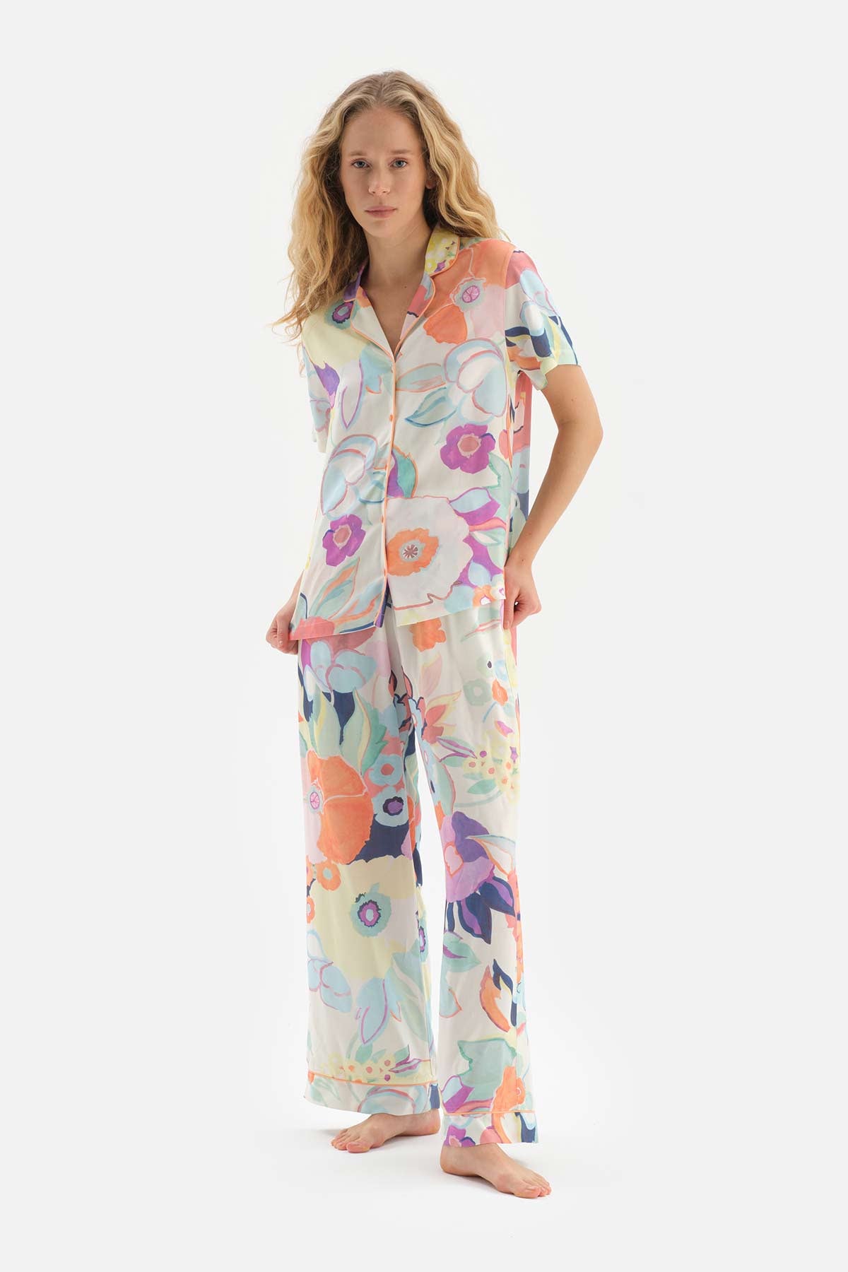 ORANGE SHIRT COLLAR FLORAL PATTERNED WOVEN PAJAMAS