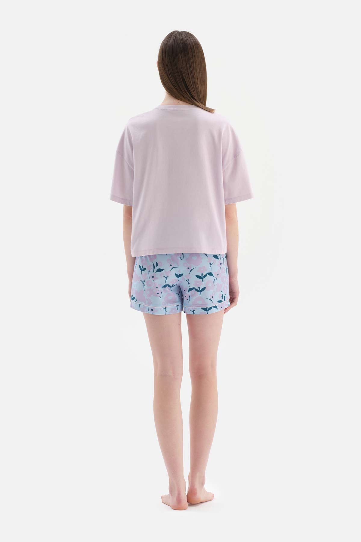 LILAC CREW-NECK PRINTED TOP PATTERNED LOWER SHORTS PAJAMAS SUIT